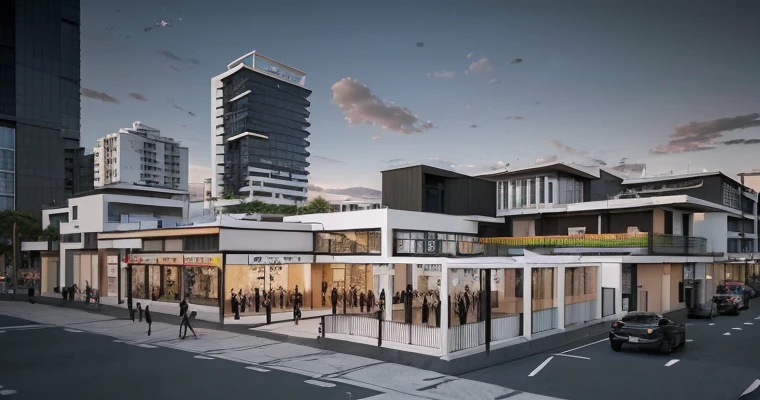 Un centro comercial abierto con varios locales, de 2 niveles, con un estilo arquitectonico moderno y lujoso, vista desde afuera y lejos, con colores modernos en escala de grises y negro y madera calida, alta calidad, 4k