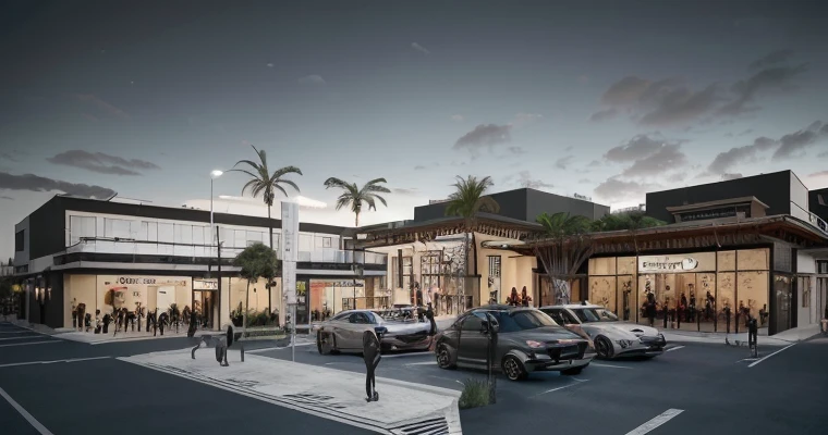Un centro comercial abierto con varios locales, de 2 niveles, con un estilo arquitectonico moderno y lujoso, vista desde afuera y lejos, con colores modernos en escala de grises y negro y madera calida, alta calidad, 4k