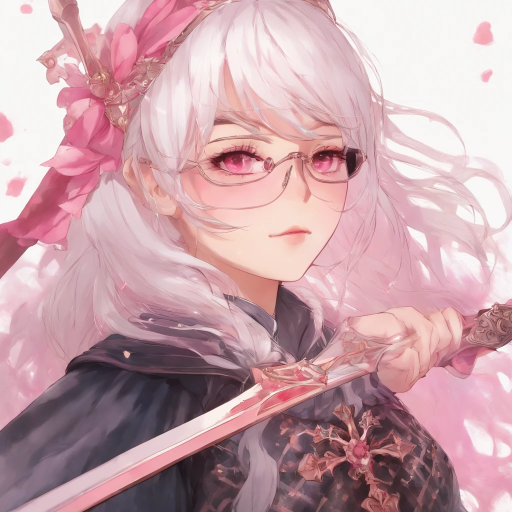 5′ 11″ height, 12 years old girl with glasses and a white hair, pink eyes, who wears pink and holds an sword in the shape of a crucifix, just her head and shoulders, with color palette, a spike headband, watercolor anime