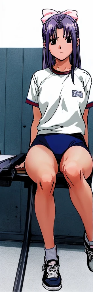 Momoko Koigakubo, a tall girl with beautiful legs, sits with her legs spread to the side in a white gym uniform and light navy blue bloomers that look like panties.。Showing off the ?????? area。