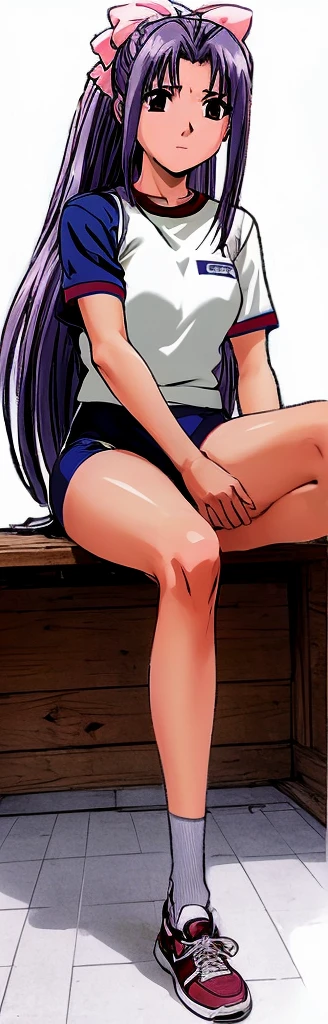 Momoko Koigakubo, a tall girl with beautiful legs, sits with her legs spread to the side in a white gym uniform and light navy blue bloomers that look like panties.。Showing off the crotch area。