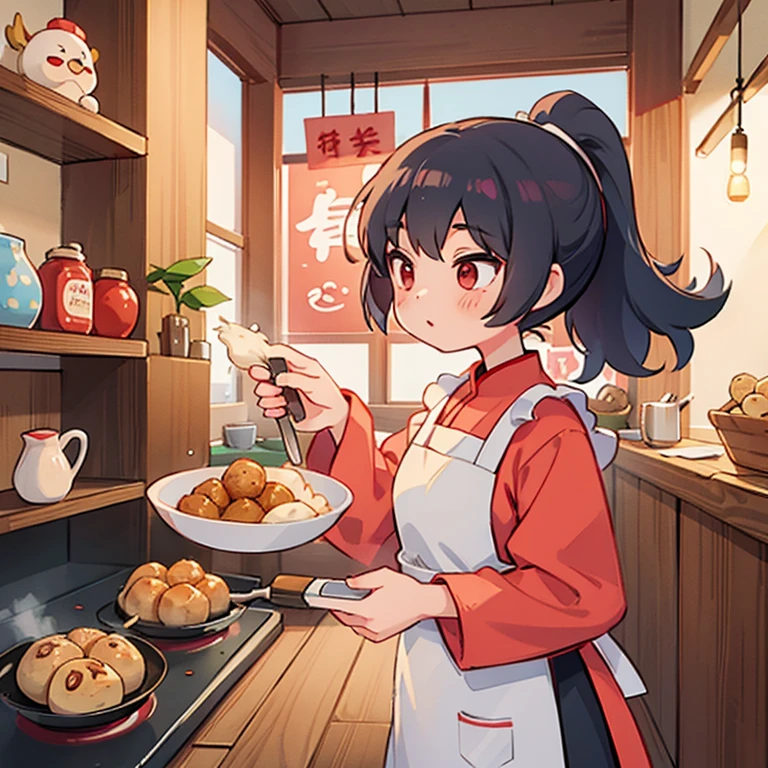 Girls frying xiaolongbao in a frying pan in an apartment　Apron and ponytail　