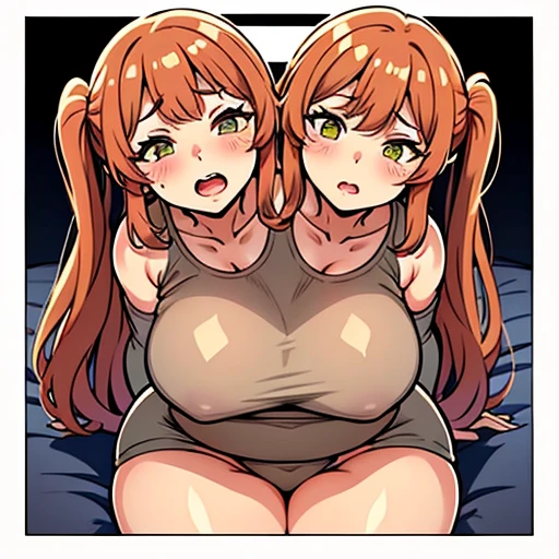a comic page about a fully pajama wearing 24 year old extremely fat woman with ginger pigtails adjusting to her first night with her 40 year old gigantomastia mother with long gray hair as her second head on her immobile two headed body. She’s clearly uncomfortable with feeling her mother masturbate her now two headed 1200 pound morbidly obese body, using one hand to pleasure herself with her hand under the cover of the blanket as she watches a video on her phone. Her ashamed mother is telling her how much the two of them need this relief as she plunges her hand into herself. Her mother is clearly ashamed of herself for needing to touch herself so badly. she’s looking deep into her daughter’s eyes as they share their first earth shattering orgasm since mutating into a freakish two headed conjoined mother and daughter and repressing her urges. Her conjoined daughter has clearly never orgasmed before and is embarrassed about her mother feverishly masturbating their shared body as she looks away from her second head in disgust as she orgasms into her hand involuntarily.