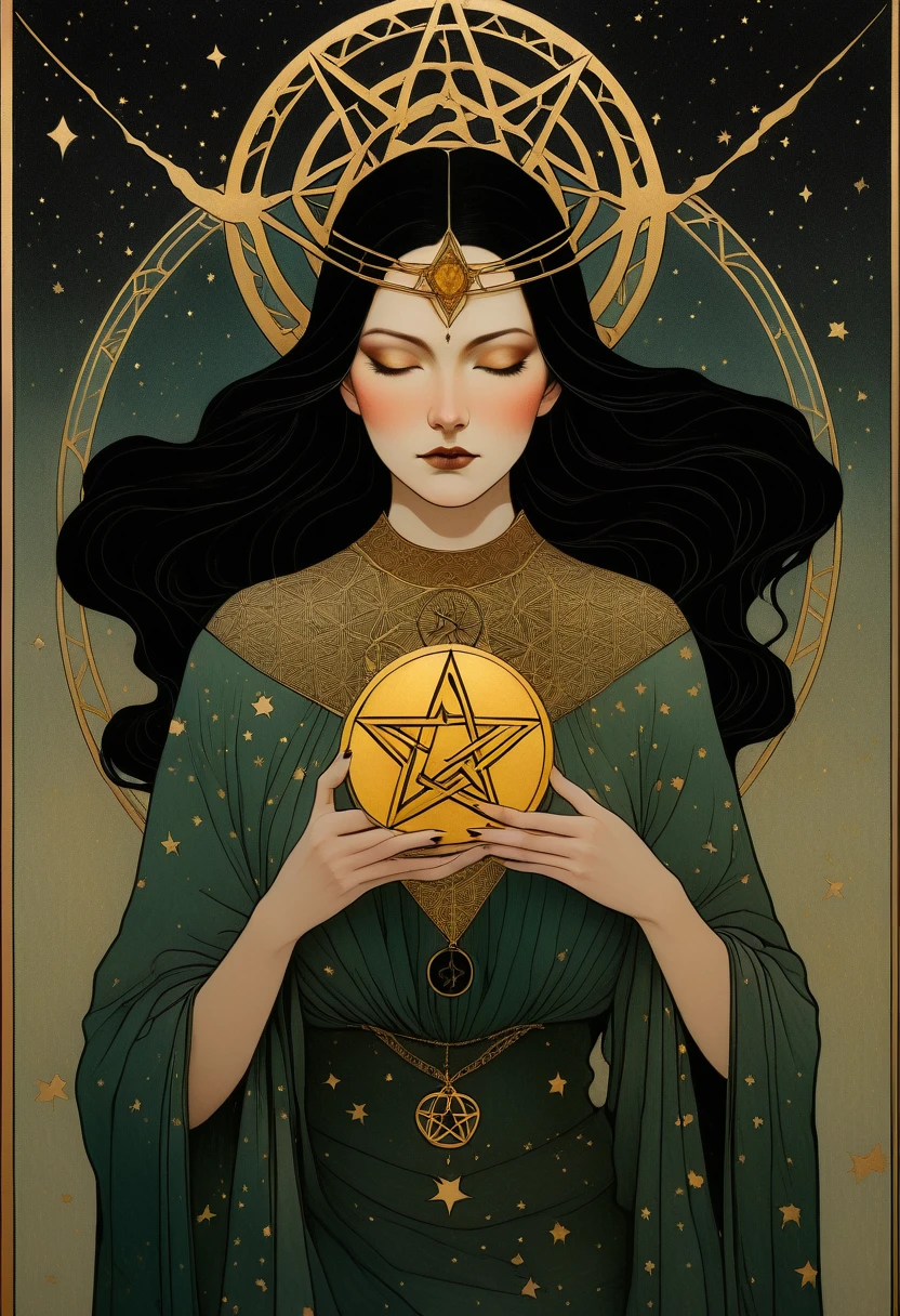 tarot card, chiaroscuro technique on sensual illustration of an queen of pentacle, vintage queen, earthy eerie, matte painting, by Hannah Dale, by Harumi Hironaka, extremely soft colors, hint of gold vibrant, highly detailed, digital artwork, high contrast, dramatic, refined, tonal, highest quality，anatomy correct，ultra-wide-angle，depth of fields. Holding the pentacles