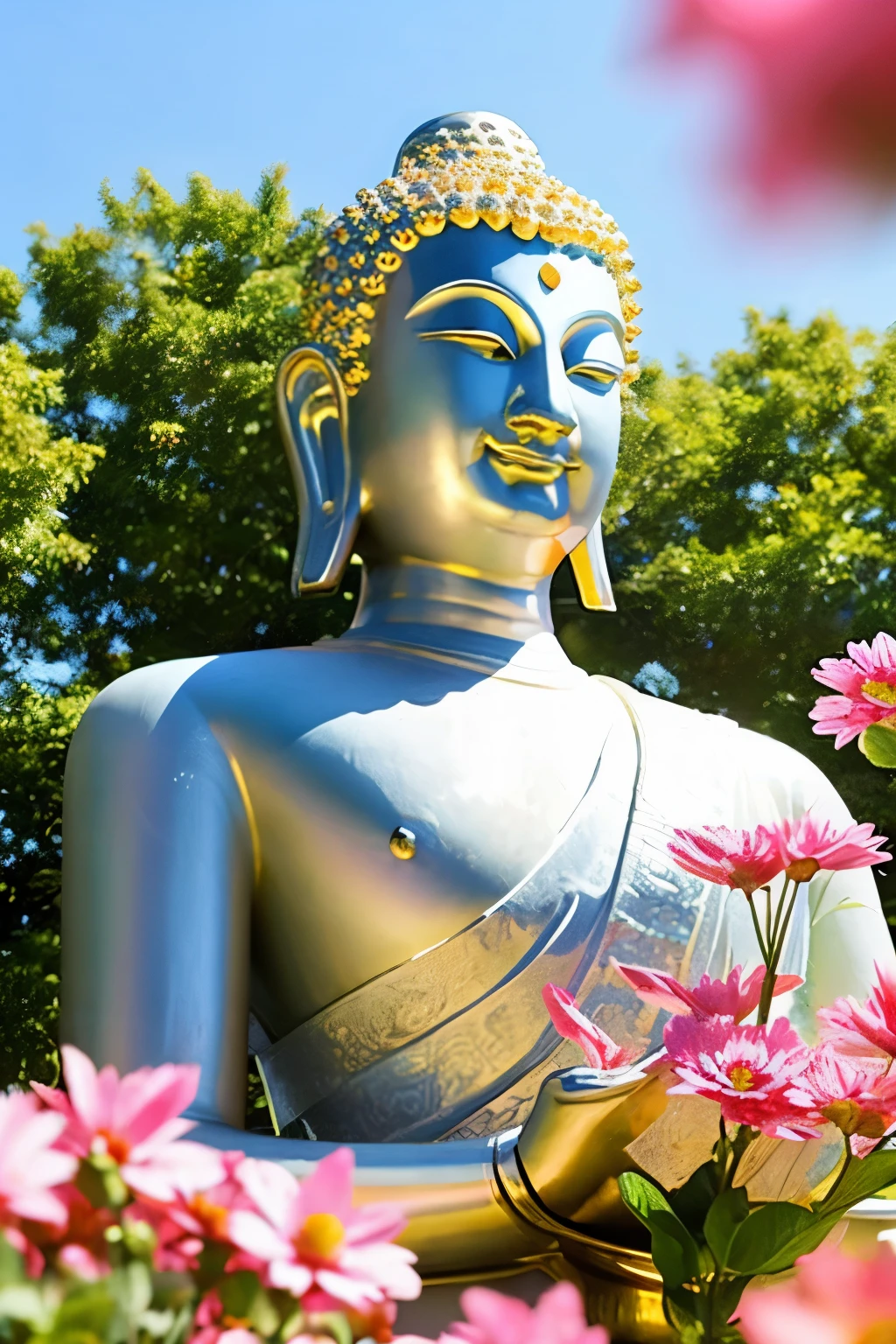 bright background buddha statue Buddha solo front looking here halo is shining upper body only close up of face join hands like a photo The background is full of flowers fantastic background