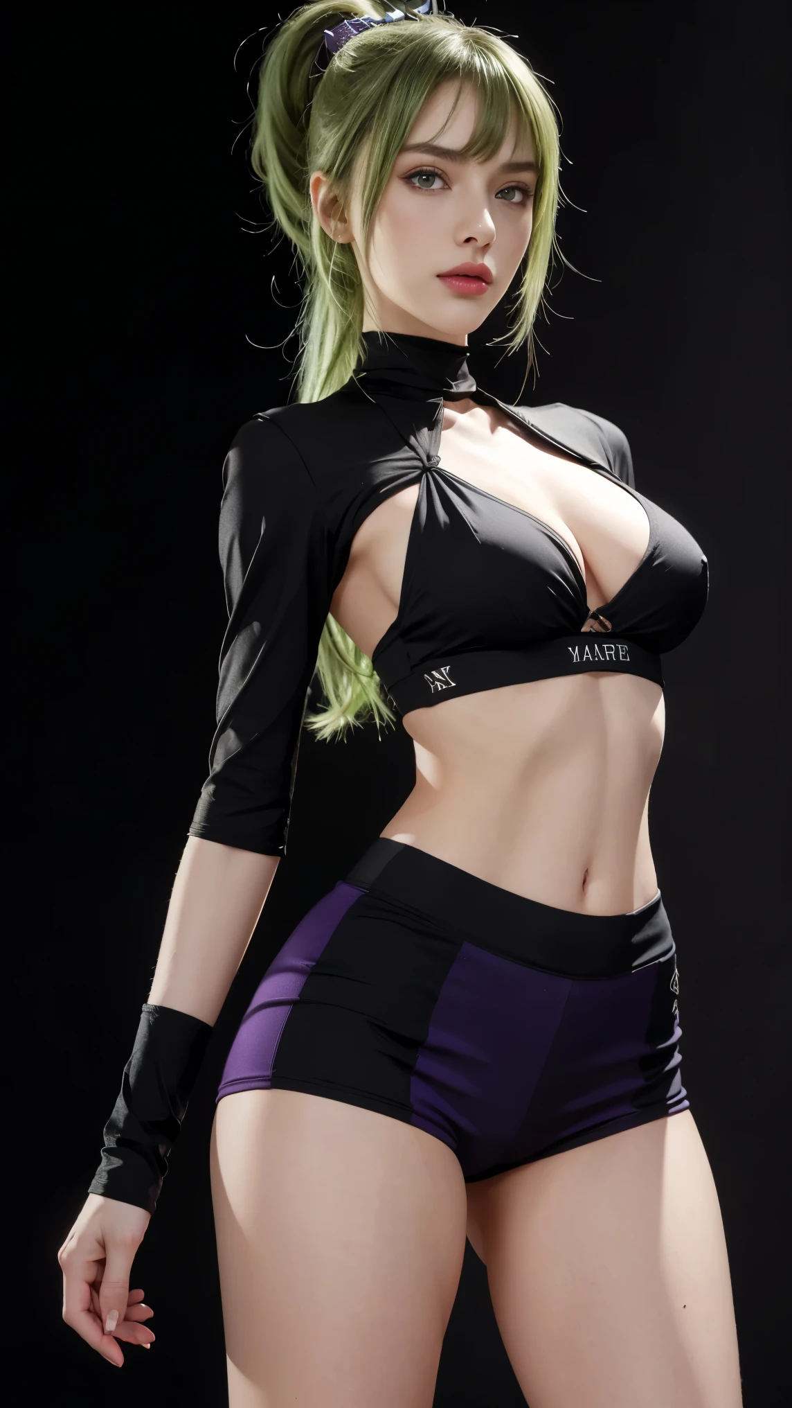 8K, Top Quality, Intricate Details, Ultra Detail, Ultra High Resolution, Masterpiece, close up shot, (full body: 1.1), Slender, Smile, (Makeup: 0.4), (Fluffy purple Eyes: 1.21), ((purple eyes)), 1girl, solo, 1 girl, ((green hair, bangs, long hair, high ponytail)), close up shot, , ((tall)), (((fit body))), (((slim face))), sharp face, (( crop top, hot pants,))  (detailed face), sharp face, small lips, , , , 
 ((,  )), , ((,)), detailed face, detailed breast, , ((large breast, huge breast)), detail ass, Narrow Waist, Skinny, tall , 175 cm tall, Muscular, Navel, Exposed Abdomen, Pointed Chest,, Beautiful girl with accentuated slender abs: 1.4, Six Pack Abs: 1.4, Bust Botox, Big, Perfect Body, detail leg, (( dark background)), black background,