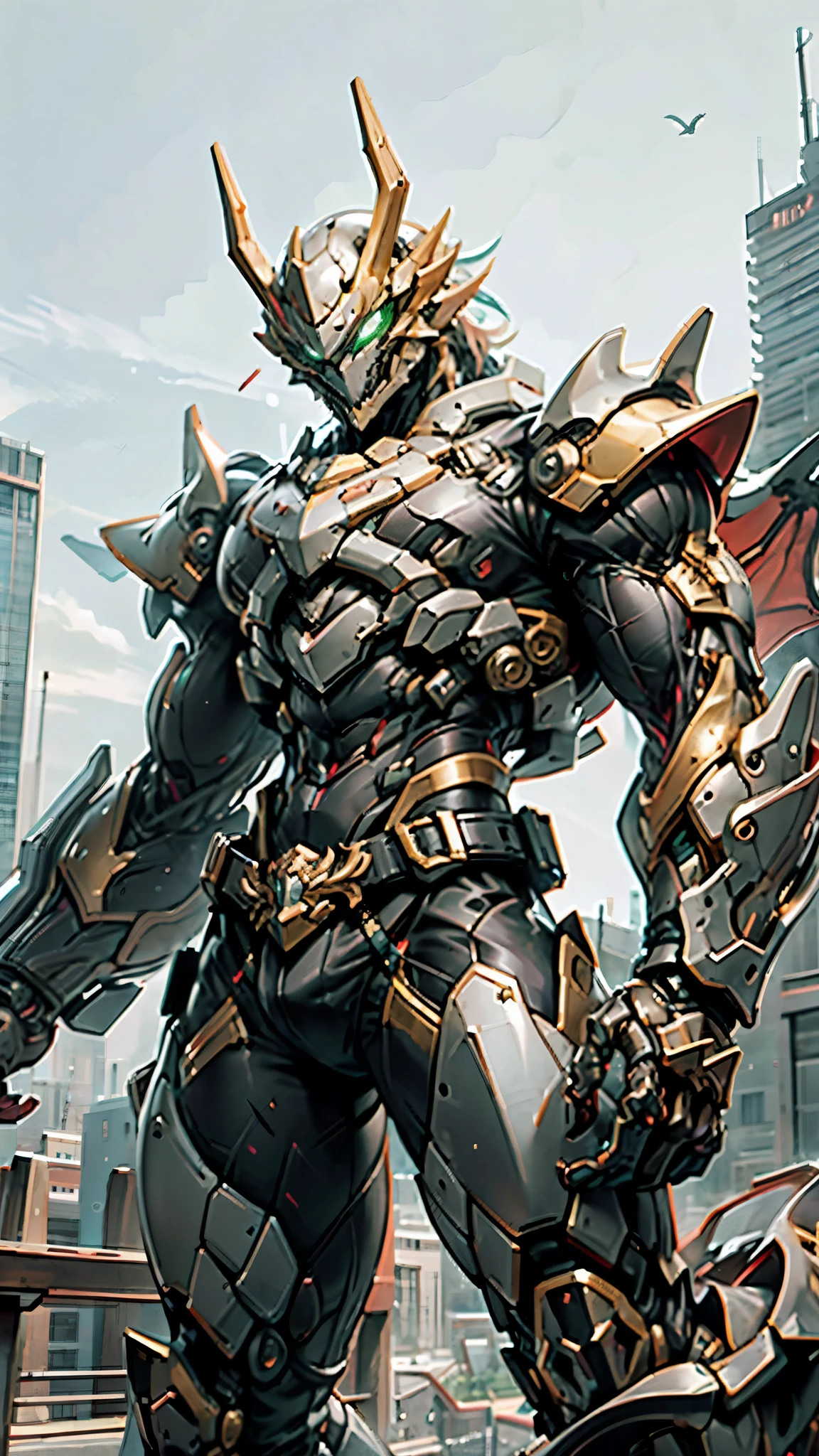 A man wearing a full-face helmet, a fantasy-style biomecha armored combat suit, green eyes, a composite layered chest armor, fully enclosed shoulder guards, matching arm and leg guards, the belt is adorned with dragon claw grasping orbs, primarily black with red accents, the design balances heavy with agility, a high-tech biological armor, concept inspired by dragons, stands on the skyscraper of a futuristic high-tech city, this character embodies a finely crafted fantasy-surreal style armored hero in anime style, exquisite and mature manga art style, ((male:1.5)), metallic, real texture material, dramatic, high definition, best quality, highres, ultra-detailed, ultra-fine painting, extremely delicate, professional, perfect body proportions, golden ratio, anatomically correct, symmetrical face, extremely detailed eyes and face, high quality eyes, creativity, RAW photo, UHD, 32k, Natural light, cinematic lighting, masterpiece-anatomy-perfect, masterpiece:1.5