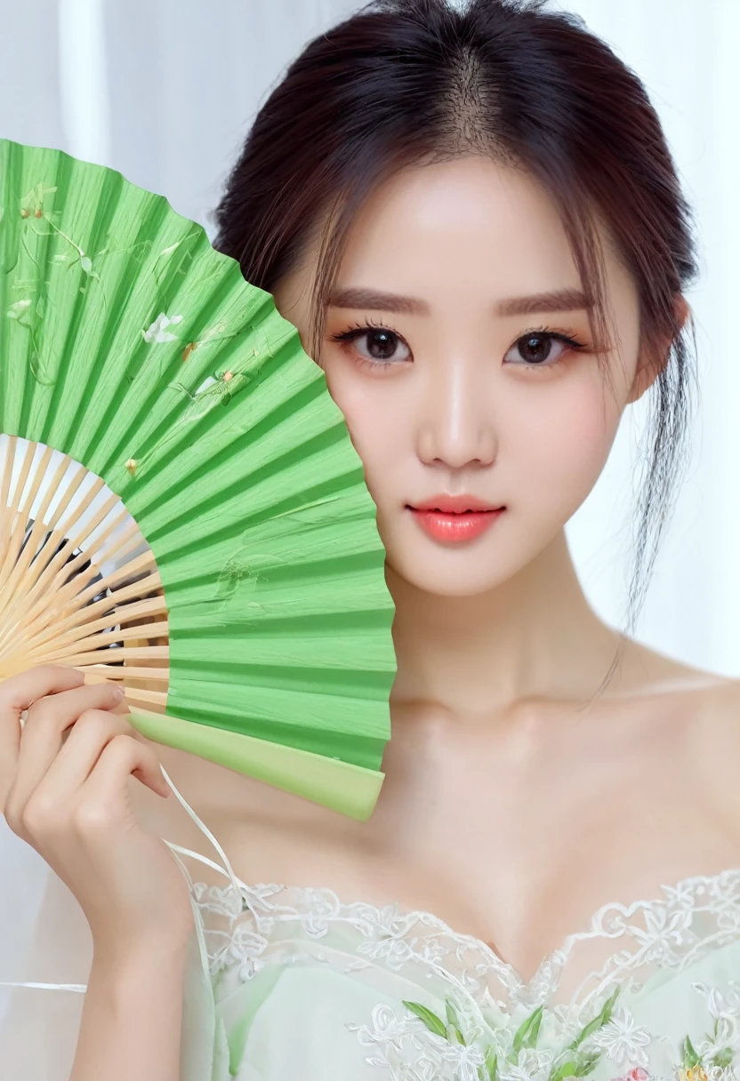 Realistic images with maximum detail 8k of a woman holding a fan in her hand, Chinese girl, cute delicate face, lifelike., gorgeous Chinese model, cute girl, Asian girl, Ruan Jia is so beautiful!, cute girl-face Clear, cute young man with a sweet Asian face, beautiful young woman, Chinese woman, beautiful face with a light green tone Full close-up view