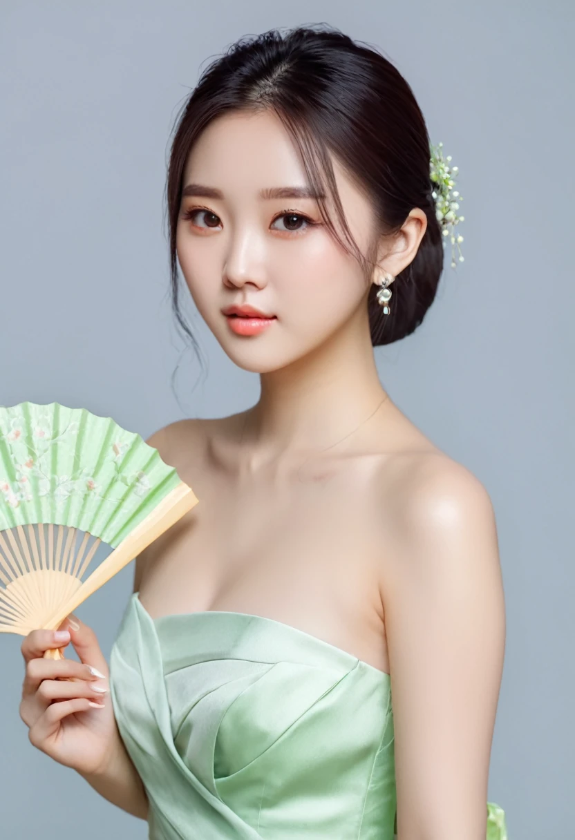 Realistic images with maximum detail 8k of a woman holding a fan in her hand, Chinese girl, cute delicate face, lifelike., gorgeous Chinese model, cute girl, Asian girl, Ruan Jia is so beautiful!, cute girl-face Clear, cute young man with a sweet Asian face, beautiful young woman, Chinese woman, beautiful face with a light green tone Full close-up view