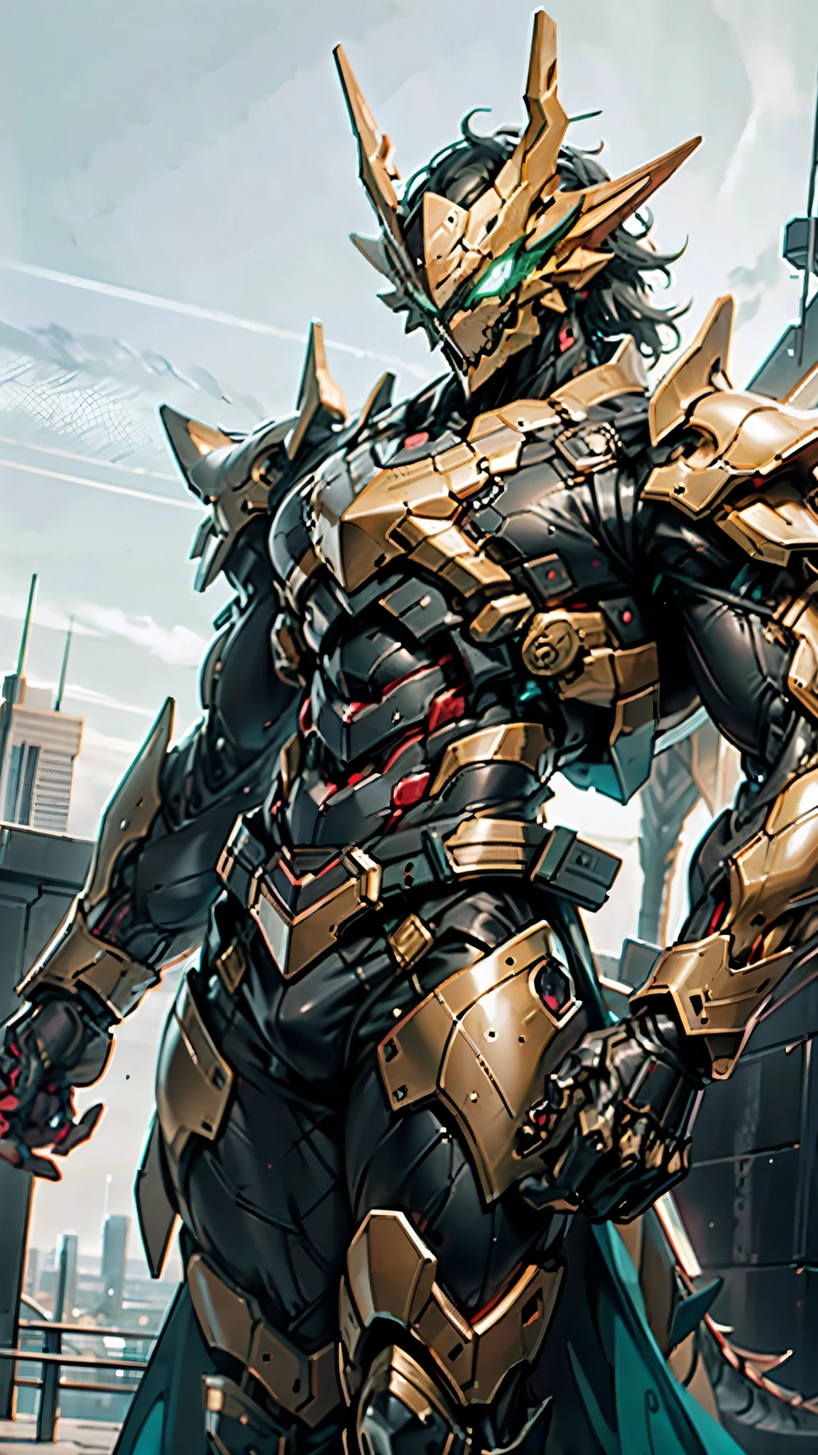 A man wearing a full-face helmet, a fantasy-style biomecha armored combat suit, green eyes, a composite layered chest armor, fully enclosed shoulder guards, matching arm and leg guards, the belt is adorned with dragon claw grasping orbs, primarily black with red accents, the design balances heavy with agility, a high-tech biological armor, concept inspired by dragons,stand on the top of a skyscraper in a futuristic sci-fi city, this character embodies a finely crafted fantasy-surreal style armored hero in anime style, exquisite and mature manga art style, ((male:1.5)), metallic, real texture material, dramatic, high definition, best quality, highres, ultra-detailed, ultra-fine painting, extremely delicate, professional, perfect body proportions, golden ratio, anatomically correct, symmetrical face, extremely detailed eyes and face, high quality eyes, creativity, RAW photo, UHD, 32k, Natural light, cinematic lighting, masterpiece-anatomy-perfect, masterpiece:1.5