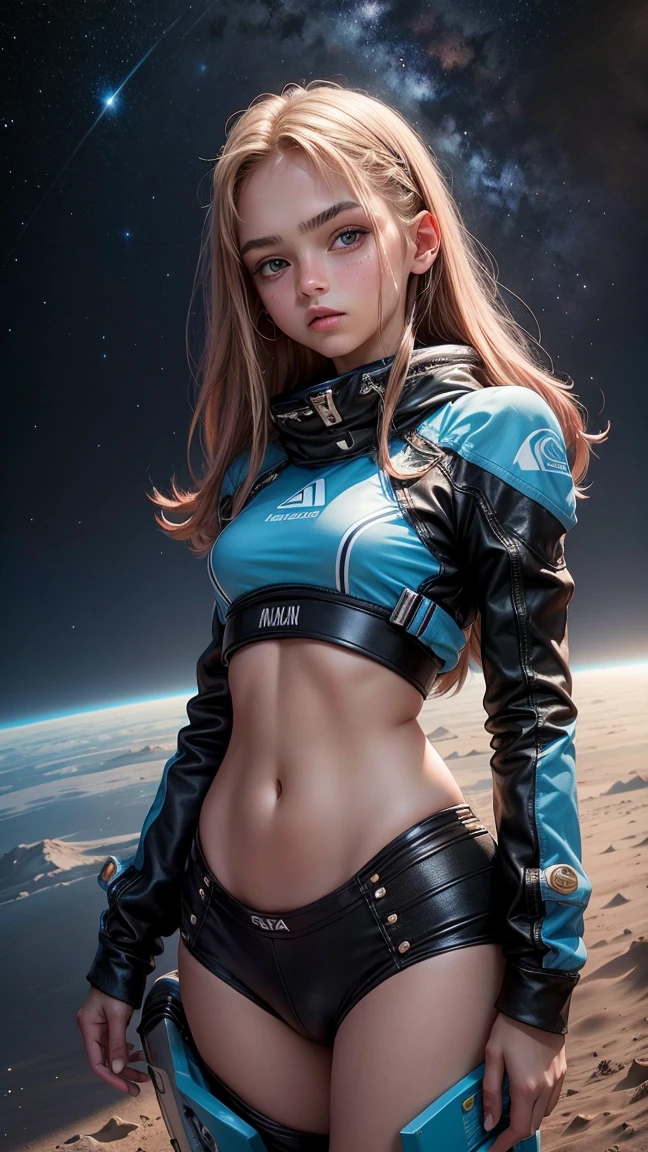 Teenager , hermosa, cara hermosa, pelirroja, ojos azules, small breasts, cadera mediana, cuerpo perfecto, ropa rota, ((senos)), detalles de alta calidad, mecanica de naves espaciales, espacio, estrellas, caminata espacial