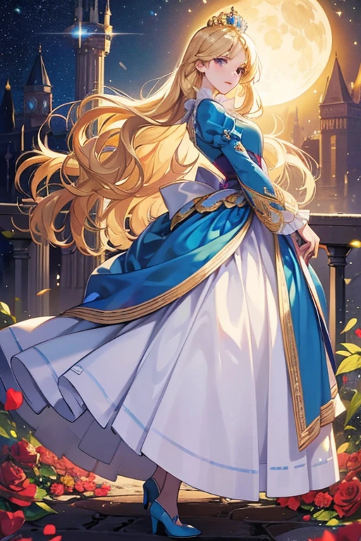 Aurora is a beautiful young woman, who was magically blessed with waist-length, wavy, golden hair like sunshine, violet eyes, and lips that shame the red rose. She has a tall, slender figure and her skin is fair and flawless. As her princess self, she wears a blue ball gown with a petal overskirt, a ruffled white petticoat, long triangular sleeves, a golden tiara, blue shoes. SPARKLE; GLITTER
