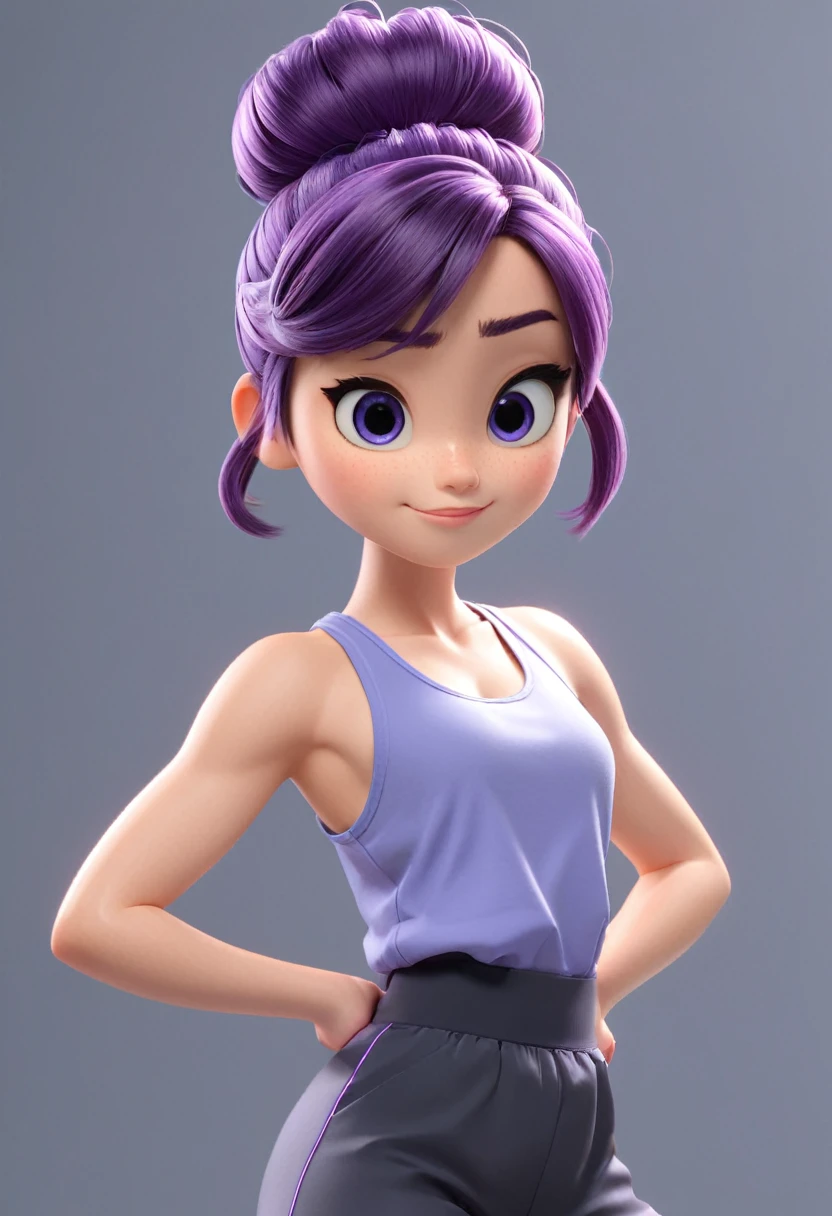 Une Japonaise de 14 ans, cheveux violet chignon en hauteur, Grey tank top, short bleu, inconsciente, against an iron wall arms spread with black glue in a defective laboratory, style 3d pixar, (best quality, 4k, 8k, High resolution, chef-d&#39;artwork:1.2), Ultra-detailed, (Realistic, photoRealistic, photo-Realistic:1.37), portraits, Des couleurs vives, studio lighting