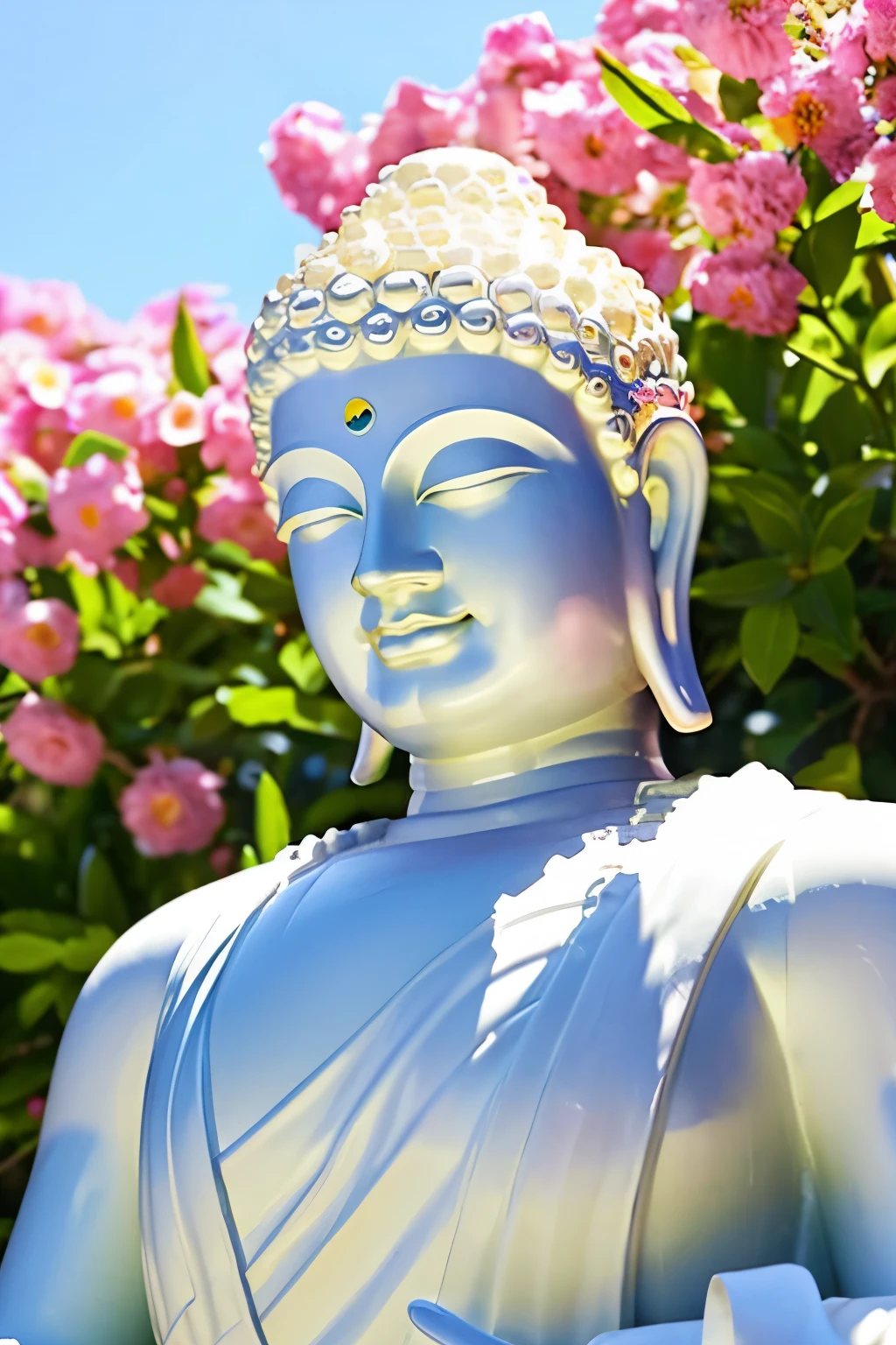 bright background buddha statue　 Buddha　solo front　looking here　halo is shining　upper body only　close up of face　join hands　like a photo　The background is full of flowers fantastic background