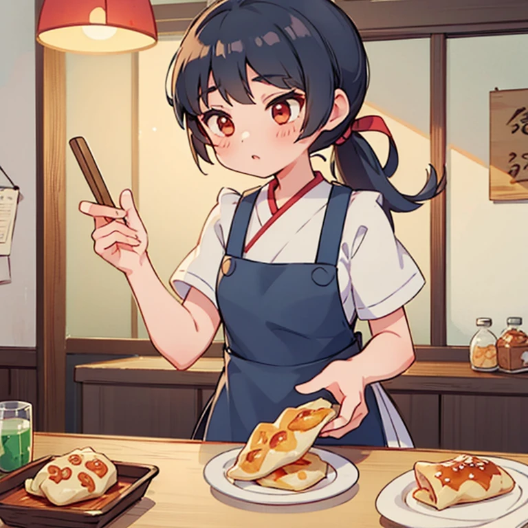 Girls making gyoza in an apartment　Apron and ponytail　There is mince on the table