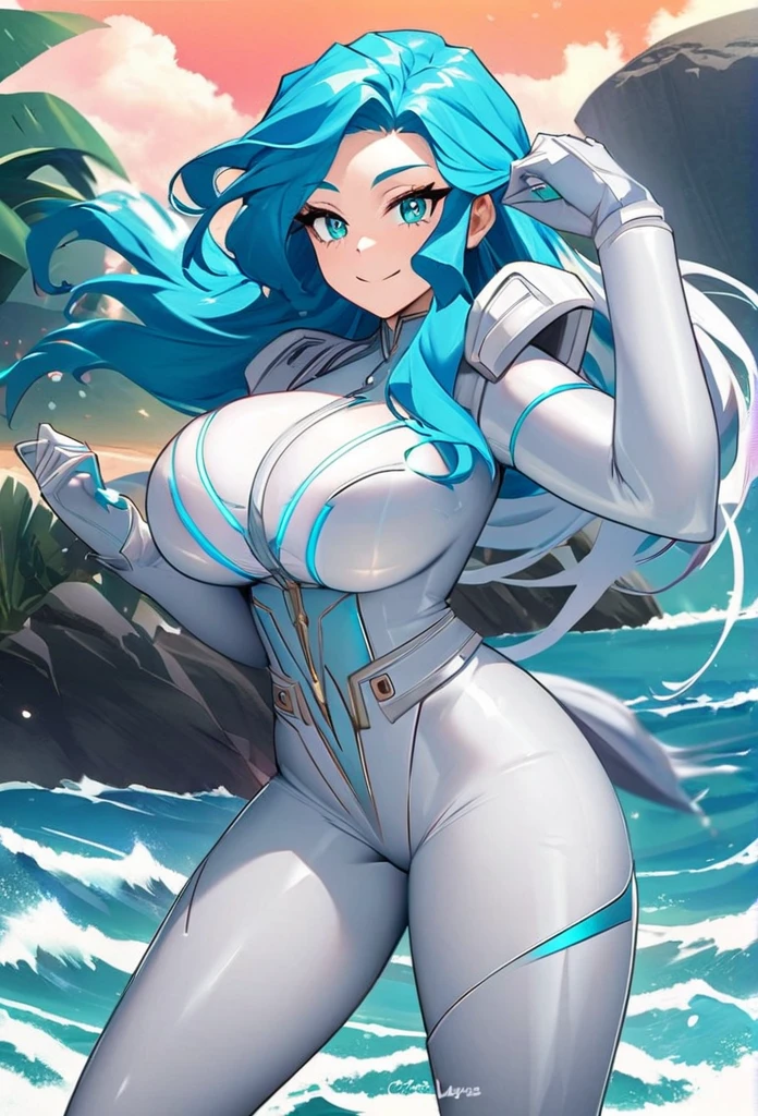 Create an anime-style Boku no hero academia digital art of a female superhero with a beach landscape with waves as a background.... The heroine must have bold and dramatic features.., Cabello largo azul celeste y ojos lilas, con gotas de agua en su cabello.., wearing a tight-fitting white hero suit with sleek details and lines. Your expression should be smiling but calm...., big breasts and she should be in a dynamic pose her hair is shaped like water, puede controlar el agua y el hielo a su voluntad , ready for action. The beach landscape should be at night.. ., with bright neon lights and a hard, ambiente . The overall color scheme should be spectacular...
