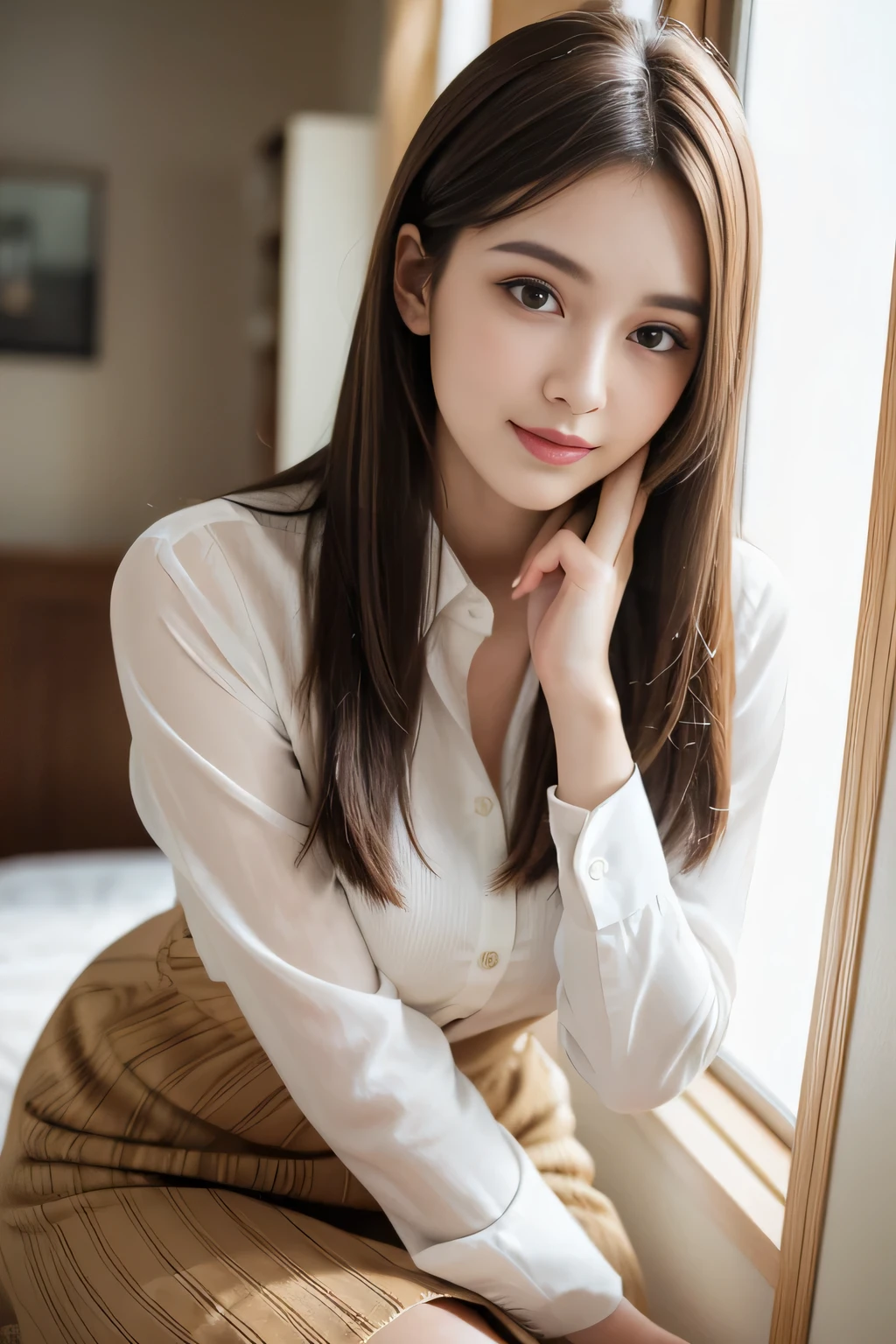 (RAW Photos), (Realistic), (masterpiece), (highest quality), High resolution, 8k, (Intricate details), (Volumetric Light), Portraiture, woman, Age 25, Medium Hair, Straight hair, Layered Hair, Brown Hair, Very beautiful eyes, Source order, Very thin eyebrows, Very fine skin, Very beautiful mouth, Very nice nose, Cute like an idol,smile, Mid-chest, (Looking at the audience), (Collared dress shirt), Above the knee shot,Slender figure、