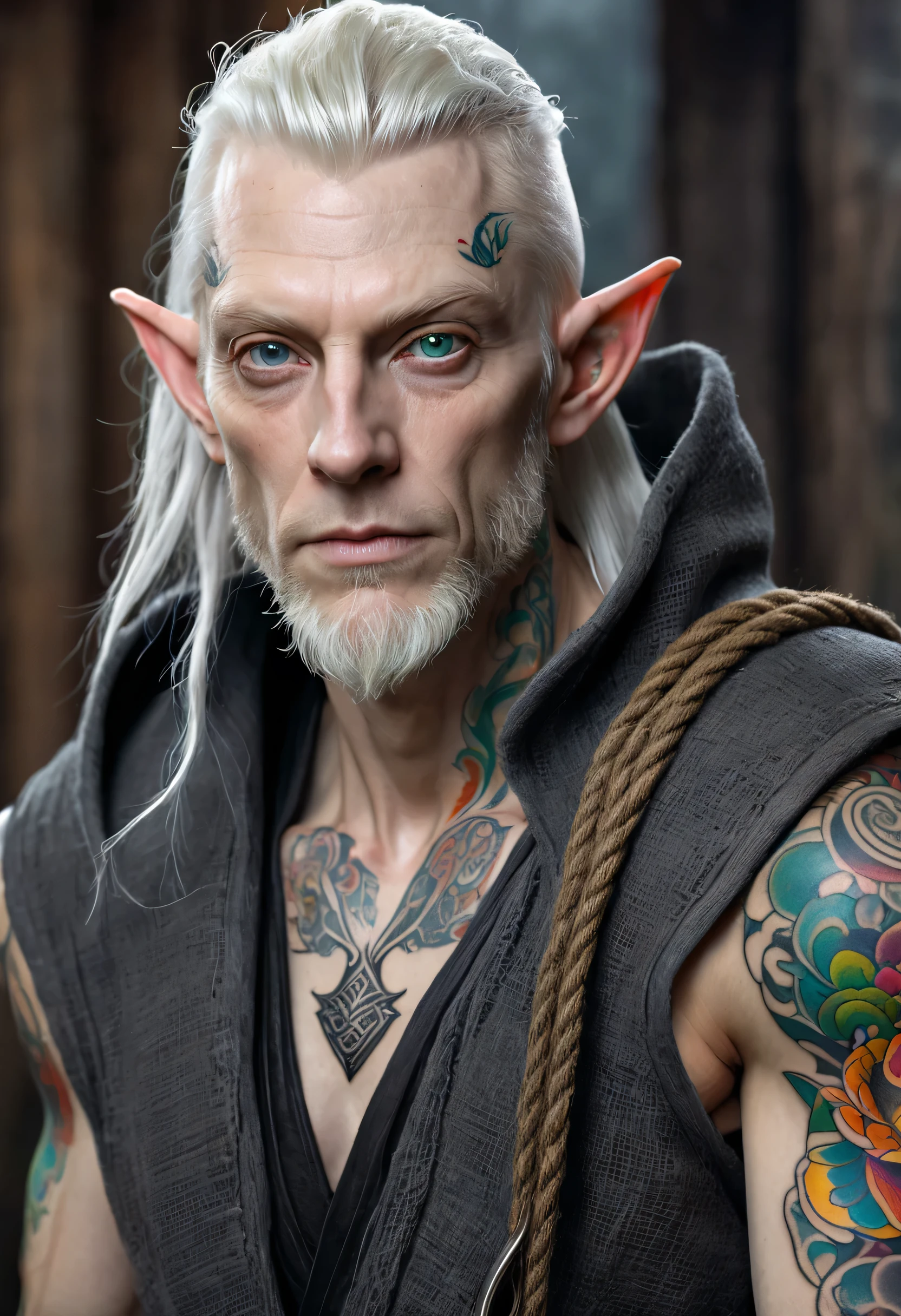 Male wood elf, elven, horror, (Artstation:1.1), (great eye detail:0.7), solo, masculine, skinny, looking at viewer, photorealistic, 8k, highly detailed, ((40 years old, ashen albino skin, gray hair, gray eyes, (upset, rough black burlap robe, rope belt, (((baleful, colorful tattoo:1.7)))), inspired Bram Stoker))