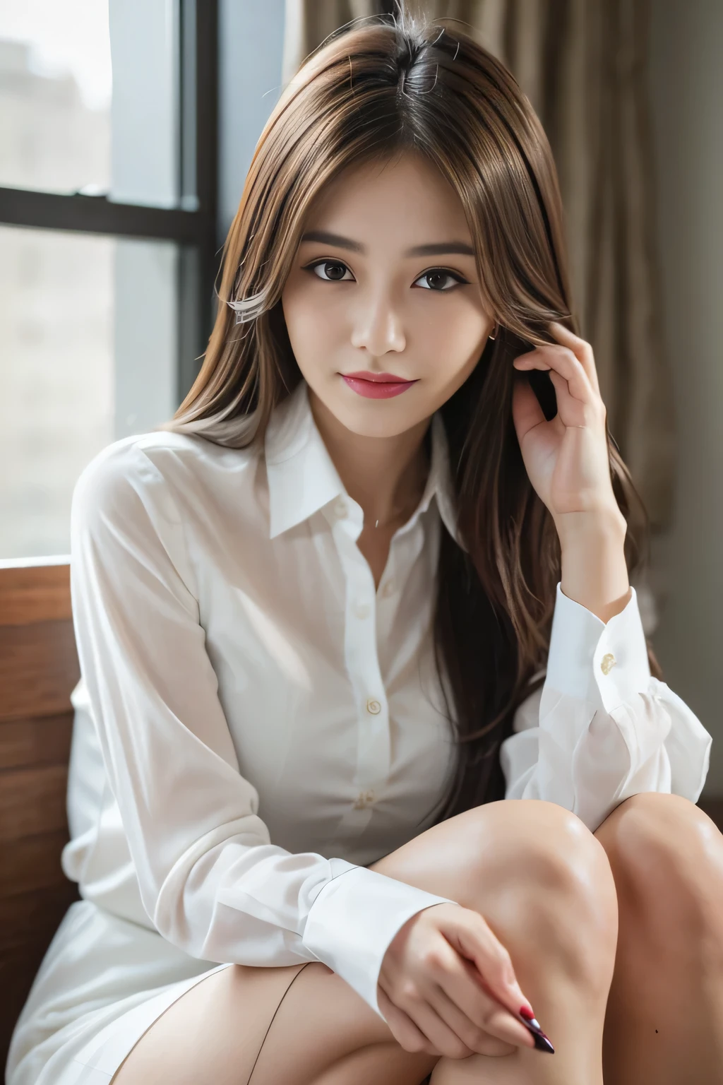(RAW Photos), (Realistic), (masterpiece), (highest quality), High resolution, 8k, (Intricate details), (Volumetric Light), Portraiture, woman, Age 25, Medium Hair, Straight hair, Layered Hair, Brown Hair, Very beautiful eyes, Source order, Very thin eyebrows, Very fine skin, Very beautiful mouth, Very nice nose, Cute like an idol,smile, Mid-chest, (Looking at the audience), (Collared dress shirt), Above the knee shot,Slender figure、