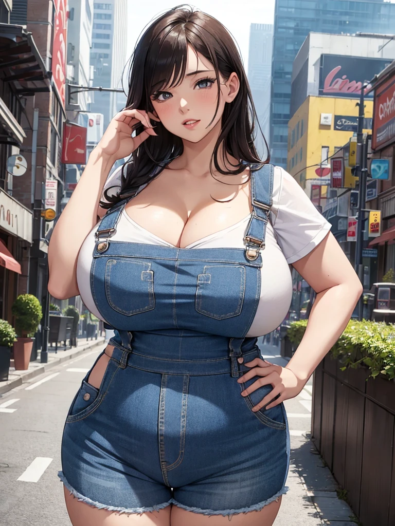 girl with shirt, overalls skirt, massive fat breasts, deep cleavage, cityscape, flirtatious look, ((very detailed)), (perfectly detailed face), (well detailed hand) photorealistic image, chubby belly, very wide hips, thick plump thighs, massive plump fat wide round ass, mature mother, plump motherly body,