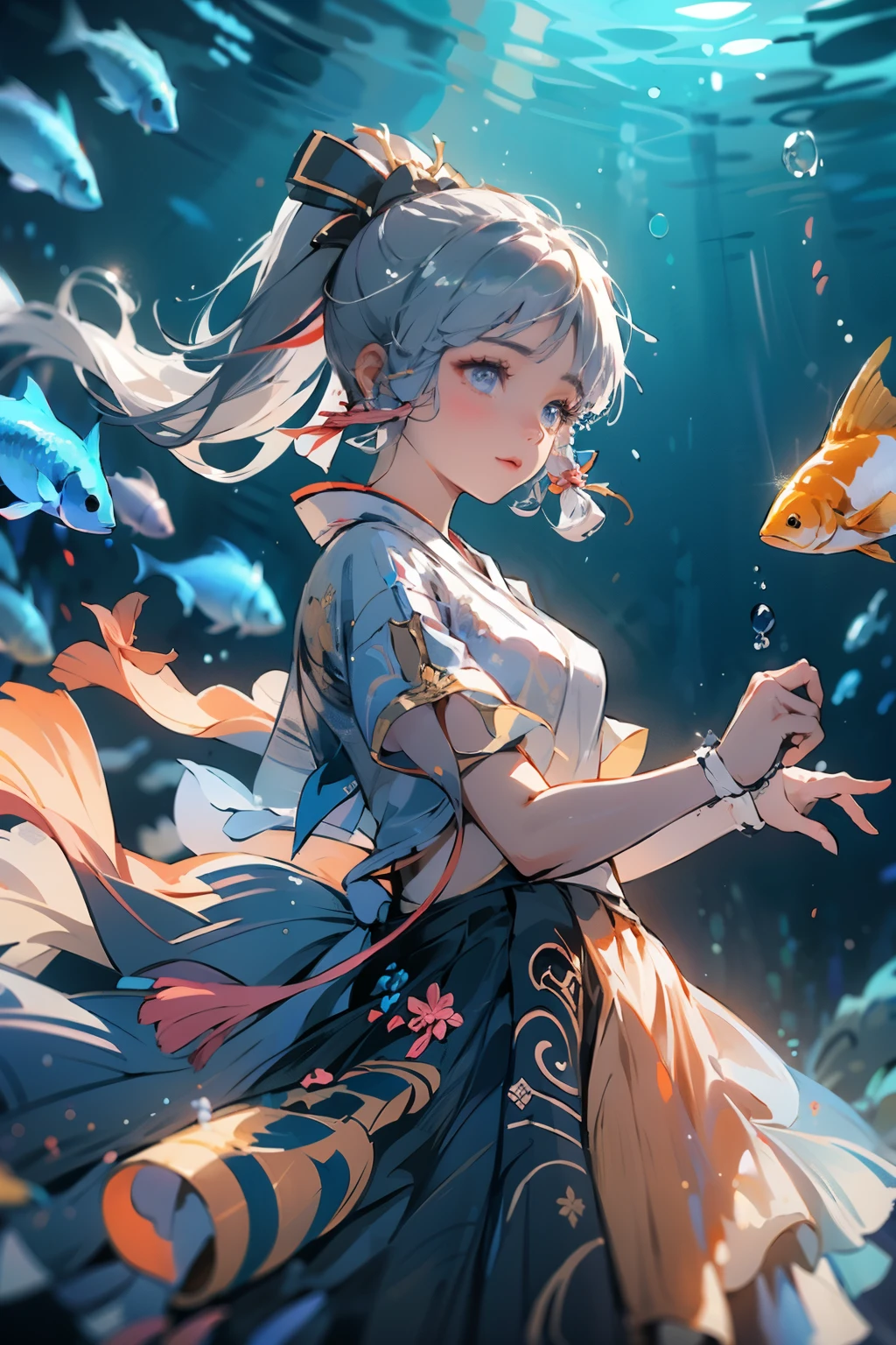 masterpiece, highest quality, ((kamisato ayaka_Genshin Impact)),((One girl,Long Hair,Blue Hair,ponytail,Hair Ribbon, hair ornaments,Mole under the eye, blue eyes,breastplate,armor, Short sleeve,kimono,Blue Skirt, Tassel,gloves, Arm guard,))Ample breasts:1.9、[underwater,Dancing in the water],((Fantastic underwater background)),Dancing、Close-up image
