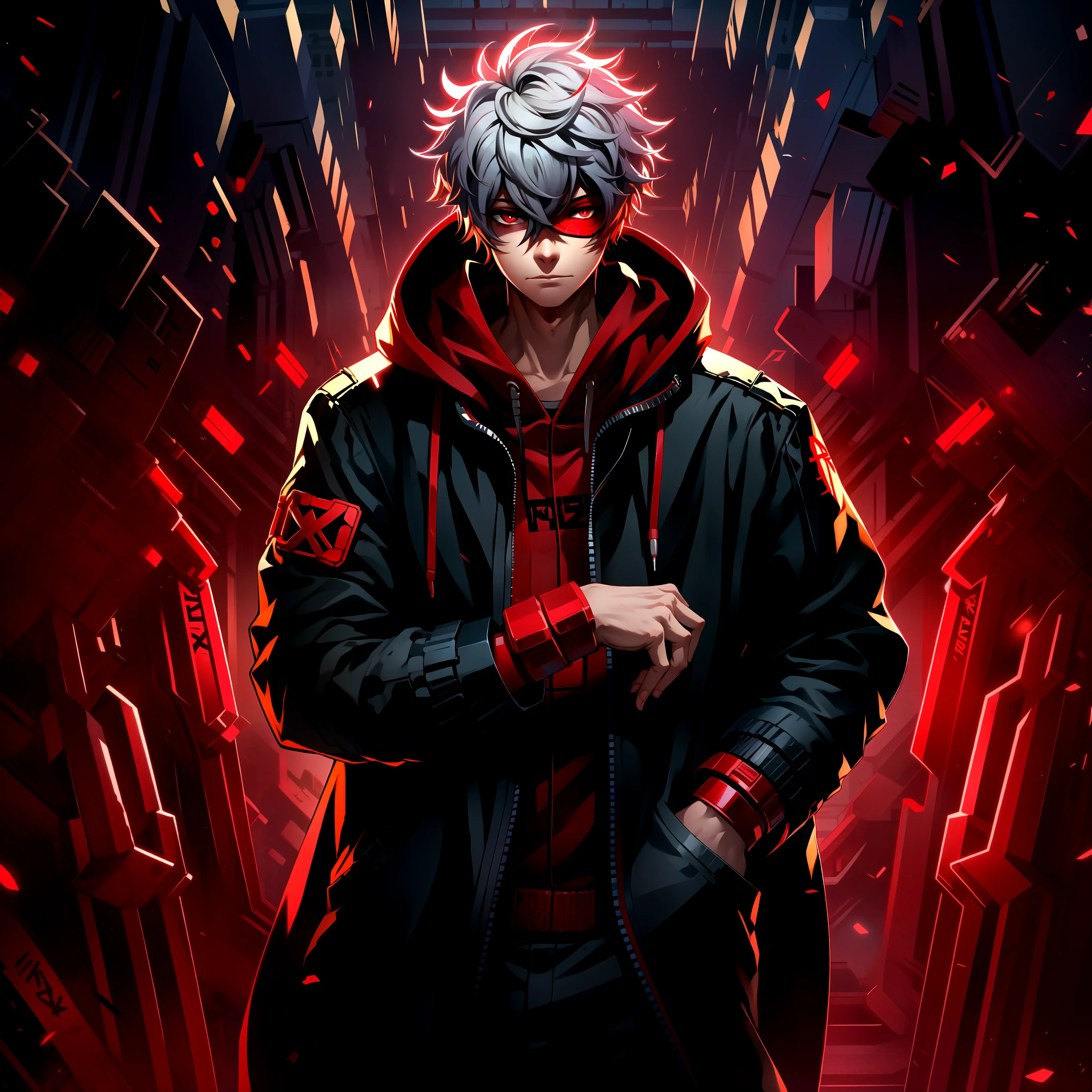 mn,red eyes,hands in pockets,male focus,hood,looking at viewer,6+boys,glowing,red theme,glowing eyes,white hair,1boy,closed mouth,short hair,mask,