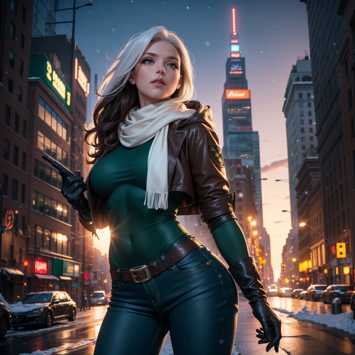 (masterpiece:1.0), (best_quality:1.2), (dark shot:1.3), Classic Rogue, 1991 Rogue X-Men, 1 girl, Only 1, head to toe view, standing on a street corner, elegant pose, (clothing: brown winter coat with a hood, down lining, white scarf, green sweater, gloves, jeans) medium length hair, brown hair, wavy hair, one lock of white hair, green eyes, mischievous look, smirk, parted lips, fit figure, medium breasts, red lipstick, heavy makeup, confident look, backlit, (realism: 1.5), (Realistic: 1.4), (Absurdity:1.4), 8k, ultra-detailed, Detailed Beautiful Woman, very physically fit girl, (background: midnight, snowing, on the streets of New York, snowy night), official art, extremely detailed CG unity 8k wallpaper, perfect lighting, Colorful, ultra high res, photography, 8K, HDR, Kodak portra 400, film grain, blurry background, (bokeh:1.2), (vibrant_color:1.2), film grain:1.2, (warm hue, warm tone:1.2), (color photo), professional photograph