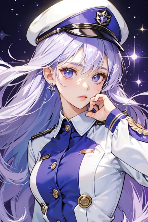  She has purple and white hair. She wears her T.O.T.S. uniform, which is a blue shirt with white buttons. She also has a light blue cap. SPARKLE; GLITTER