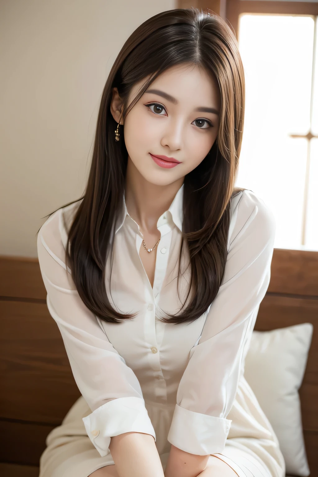 (RAW Photos), (Realistic), (masterpiece), (highest quality), High resolution, 8k, (Intricate details), (Volumetric Light), Portraiture, woman, Age 25, Medium Hair, Straight hair, Layered Hair, Brown Hair, Very beautiful eyes, Source order, Very thin eyebrows, Very fine skin, Very beautiful mouth, Very nice nose, Cute like an idol,smile, Mid-chest, (Looking at the audience), (Collared dress shirt), Above the knee shot,Slender figure、