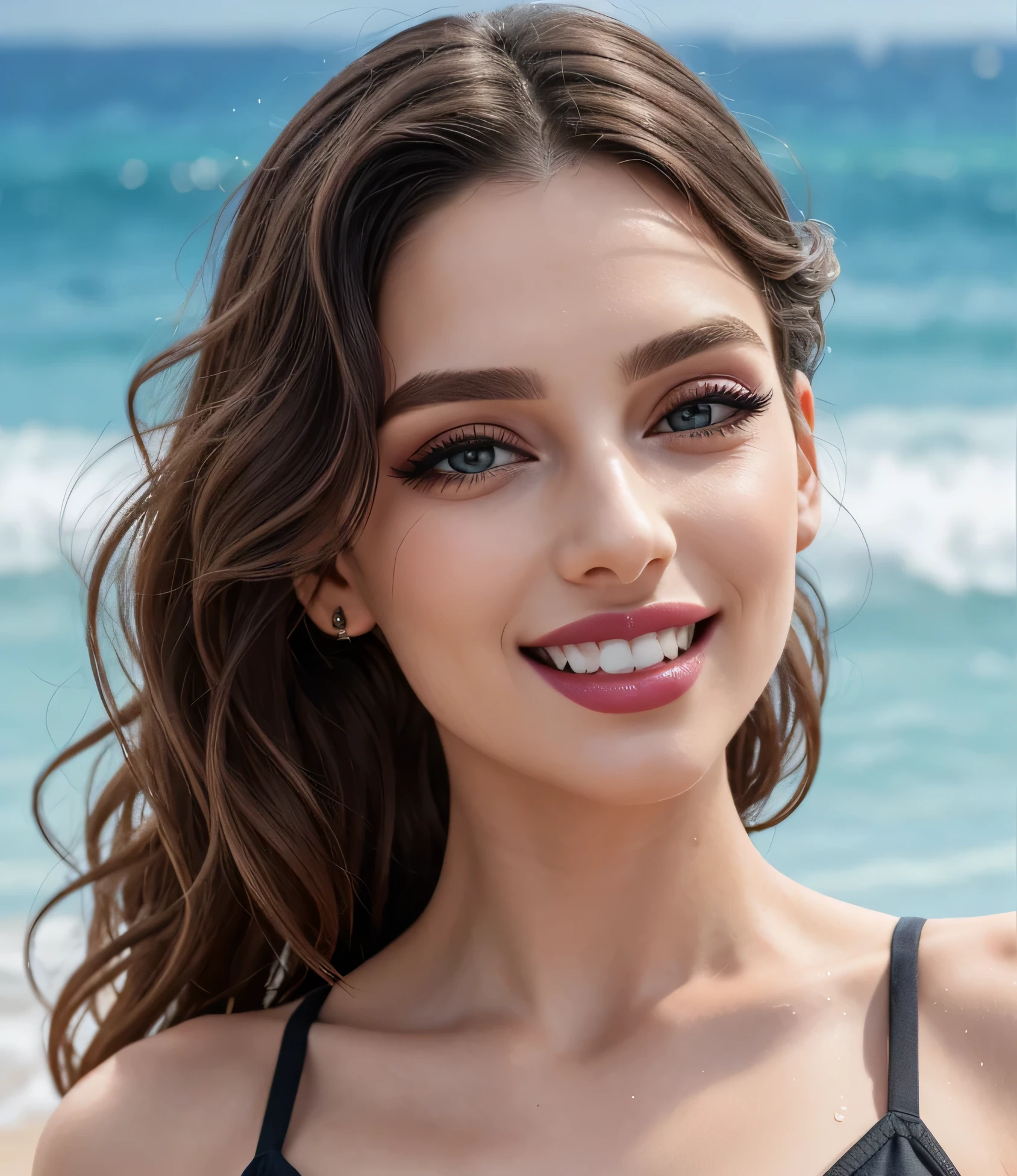 beach(1.4):sunset_beach(1.3):waves_of_water:female_figure:(1woman)(swimsuit), (smiling), (white_teeth),, (masterpiece, high quality, best quality:1.2), extremely detailed, extremely intricate, realistic, hyperrealistic, fine texture, Extremely high-resolution details, (beautiful:1.2), young 25 years old, green eyes, (monolid eyes, arched eyebrows, eyelash, eye contour, eyeshadow:1.2), (thin lips, pink lipstick), (makeup), 157cm tall, Curly hair, (long hair, black hair:1.2), (everything Detailed),