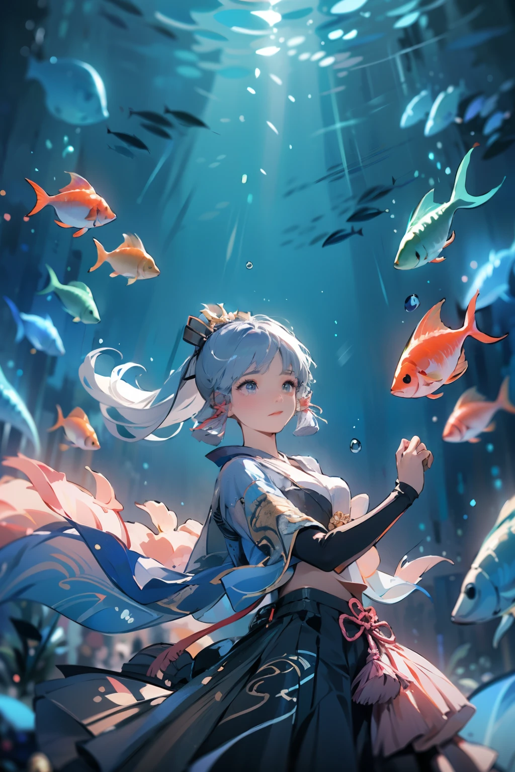 masterpiece, highest quality, ((kamisato ayaka_Genshin Impact)),((One girl,Long Hair,Blue Hair,ponytail,Hair Ribbon, hair ornaments,Mole under the eye, blue eyes,breastplate,armor, Short sleeve,kimono,Blue Skirt, Tassel,gloves, Arm guard,))Ample breasts:1.9、[underwater,Dancing in the water],((Fantastic underwater background)),Dancing、Close-up image
