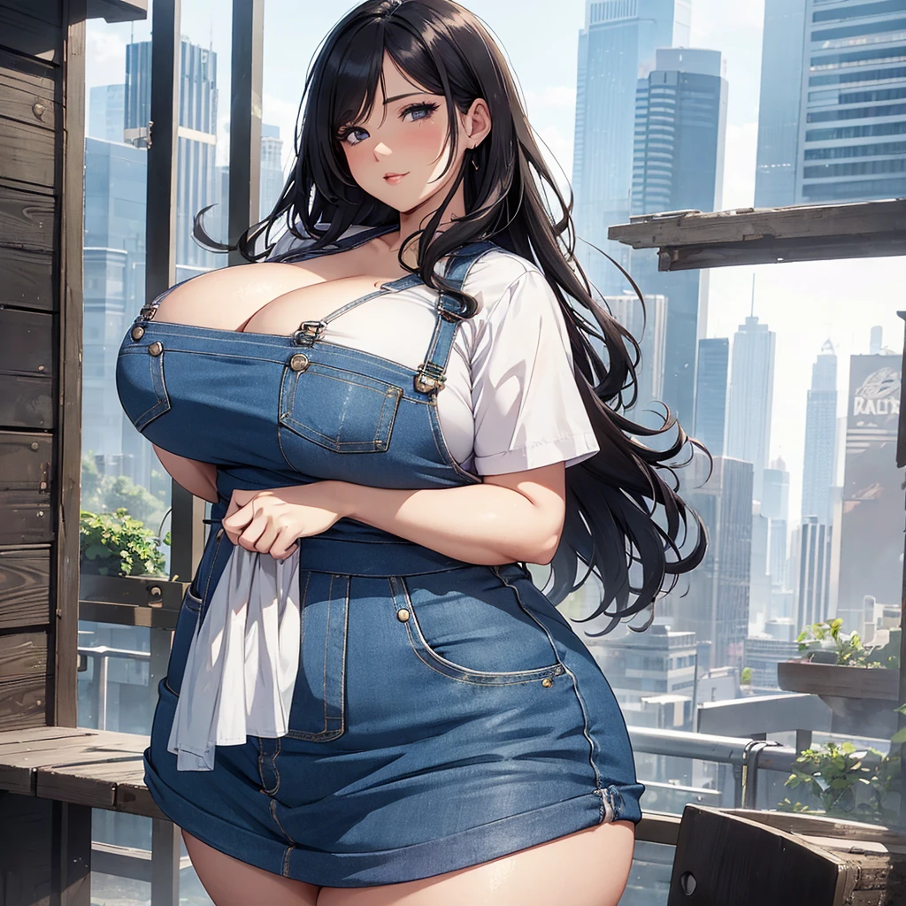 girl with shirt, overalls skirt, massive long wide fat breasts, deep cleavage, cityscape, flirtatious look, ((very detailed)), (perfectly detailed face), (well detailed hand) photorealistic image, plump chubby belly, very wide hips, thick plump thighs, massive plump fat wide round ass, mature mother, plump motherly body,