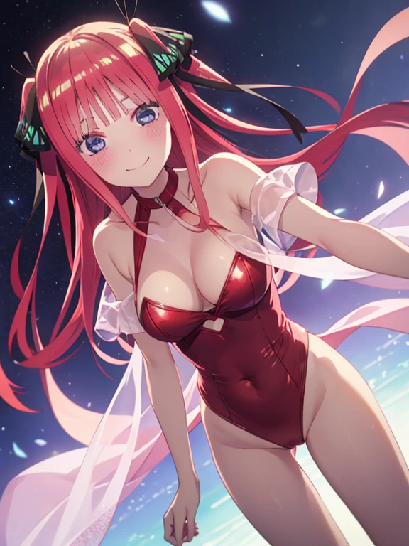 best quality, ultra-detailed masterpiece, nino nakano, blush, smile, (red leotard:1.2), halter neck,bare shoulders, victory pose, (See-through clothes), open legs