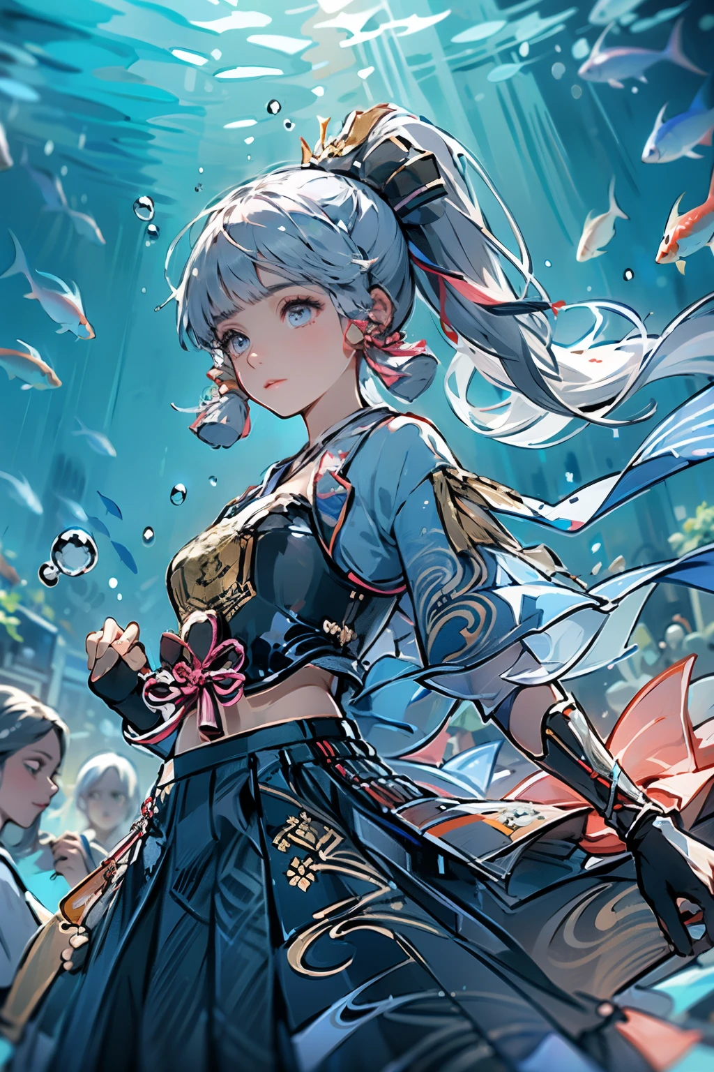 masterpiece, highest quality, ((kamisato ayaka_Genshin Impact)),((One girl,Long Hair,Blue Hair,ponytail,Hair Ribbon, hair ornaments,Mole under the eye, blue eyes,breastplate,armor, Short sleeve,kimono,Blue Skirt, Tassel,gloves, Arm guard,))Ample breasts:1.9、[underwater,Dancing in the water],((Fantastic underwater background)),Dancing、Close-up image
