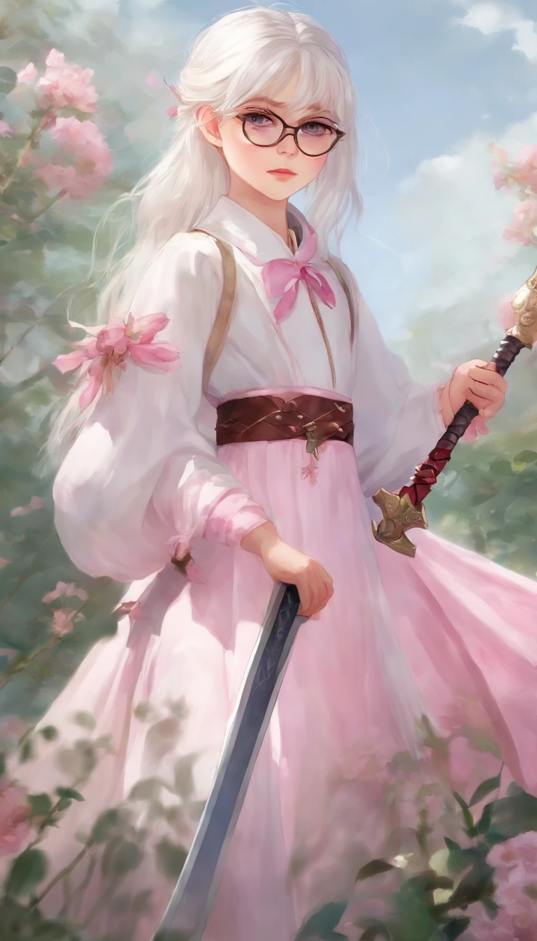 5′ 11″ height, 12 years old girl with glasses and a white hair, pink eyes, who wears pink and holds an sword in the shape of a crucifix, just her head and shoulders, with color palette, a spike headband, watercolor anime