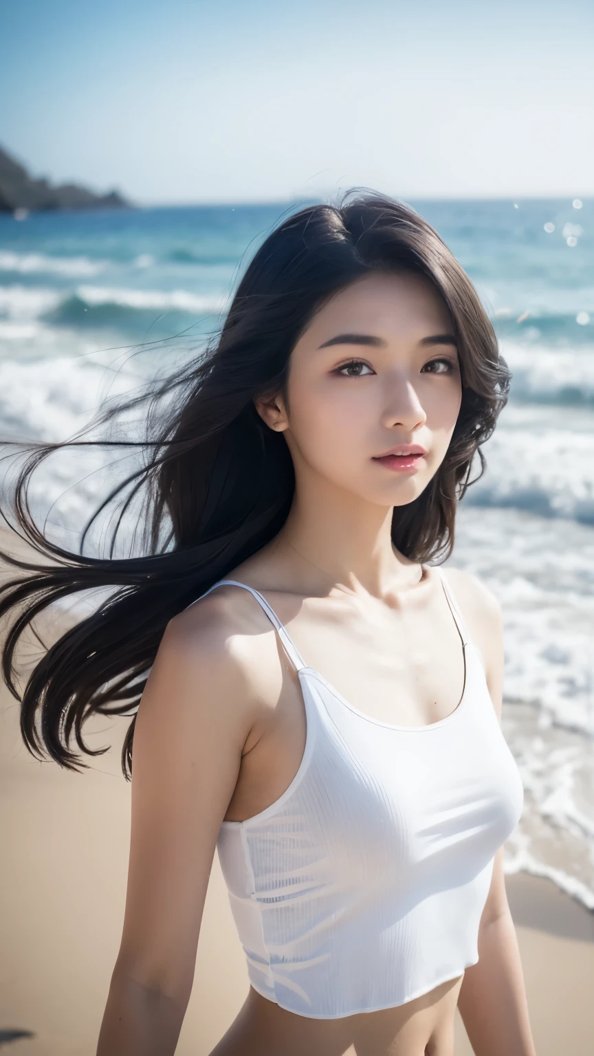 (logo、masterpiece、8k、Tabletop、RAW Photos、wonderful、最high quality、Photorealistic and Very detailed CG integrated 8k wallpaper、high quality、Very detailed、Narrative poem、Particle Effects、Dynamic Effects、Written boundary depth、Cinematic Light、Lens flare、Ray Tracing)、Fantasy、 (One beautiful woman、White pants、White T-shirt、White tube top、White crop top、Black-haired、Beautiful Face、True Face、Beautiful details、eye、Beautiful Skin、Ultimate Body、glamorous)、私の髪はWindに舞う、Hair flutters in Wind、Hair bounces、Seaside、wonderful景色、Coastal、sunrise、Sun in the background、Wind、Beach