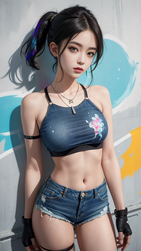 masterpiece, best quality, 1 girl, solo, Cropped tops, Denim shorts, Necklace, (Graffiti:1.5), Paint splatter, Behind the arm, Against the wall, Looking at the audience, Armband, thigh strap, Paint on the body, Head tilt, boring, Colorful hair, Aqua eyes, earphone,black,blush,Beautiful breasts、Huge breasts:1.4,Full breasts