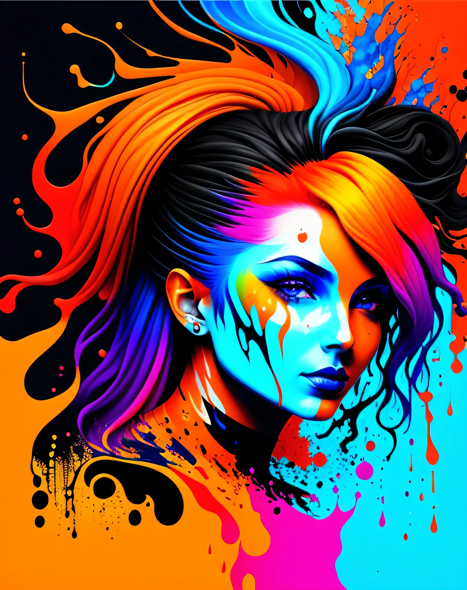 a painting of a woman with colorful hair, fantasy game spell icon, splashes of liquid, computer game art, hyperdetailed colourful, fantasy colours, avatar image, strong blue and orange colors, beautiful avatar pictures, body painted with black fluid, digital art h 9 6 0, rich colourful