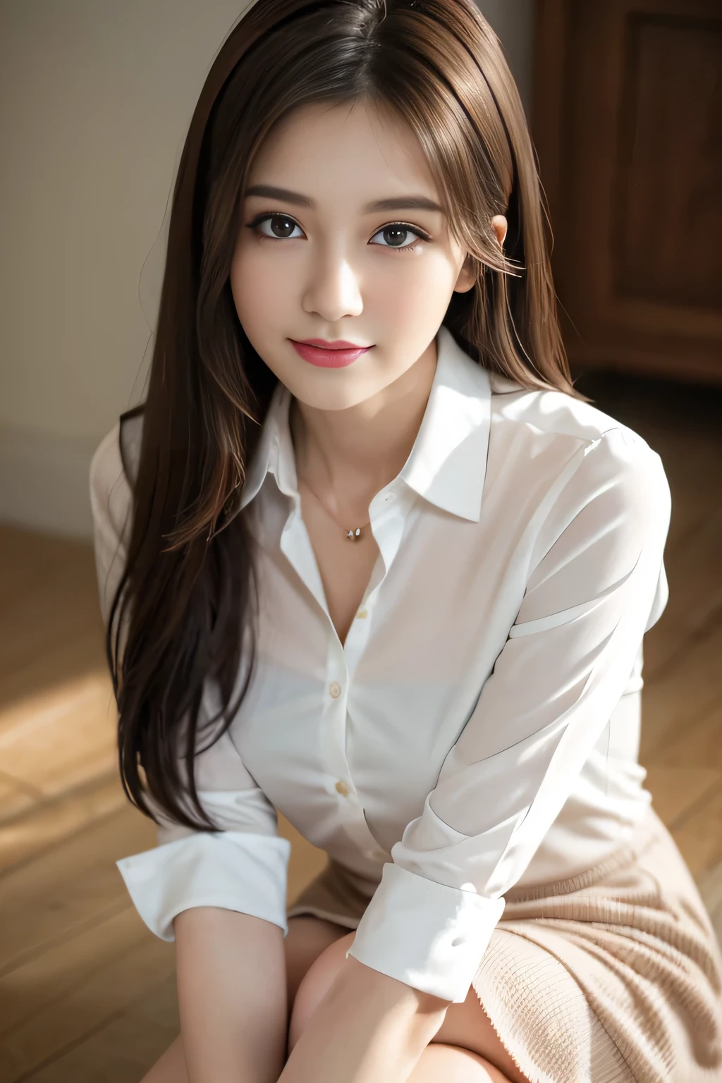 (RAW Photos), (Realistic), (masterpiece), (highest quality), High resolution, 8k, (Intricate details), (Volumetric Light), Portraiture, woman, Age 25, Medium Hair, Straight hair, Layered Hair, Brown Hair, Very beautiful eyes, Source order, Very thin eyebrows, Very fine skin, Very beautiful mouth, Very nice nose, Cute like an idol,smile,valley, (Looking at the audience), (Collared dress shirt), Above the knee shot,Slender figure、