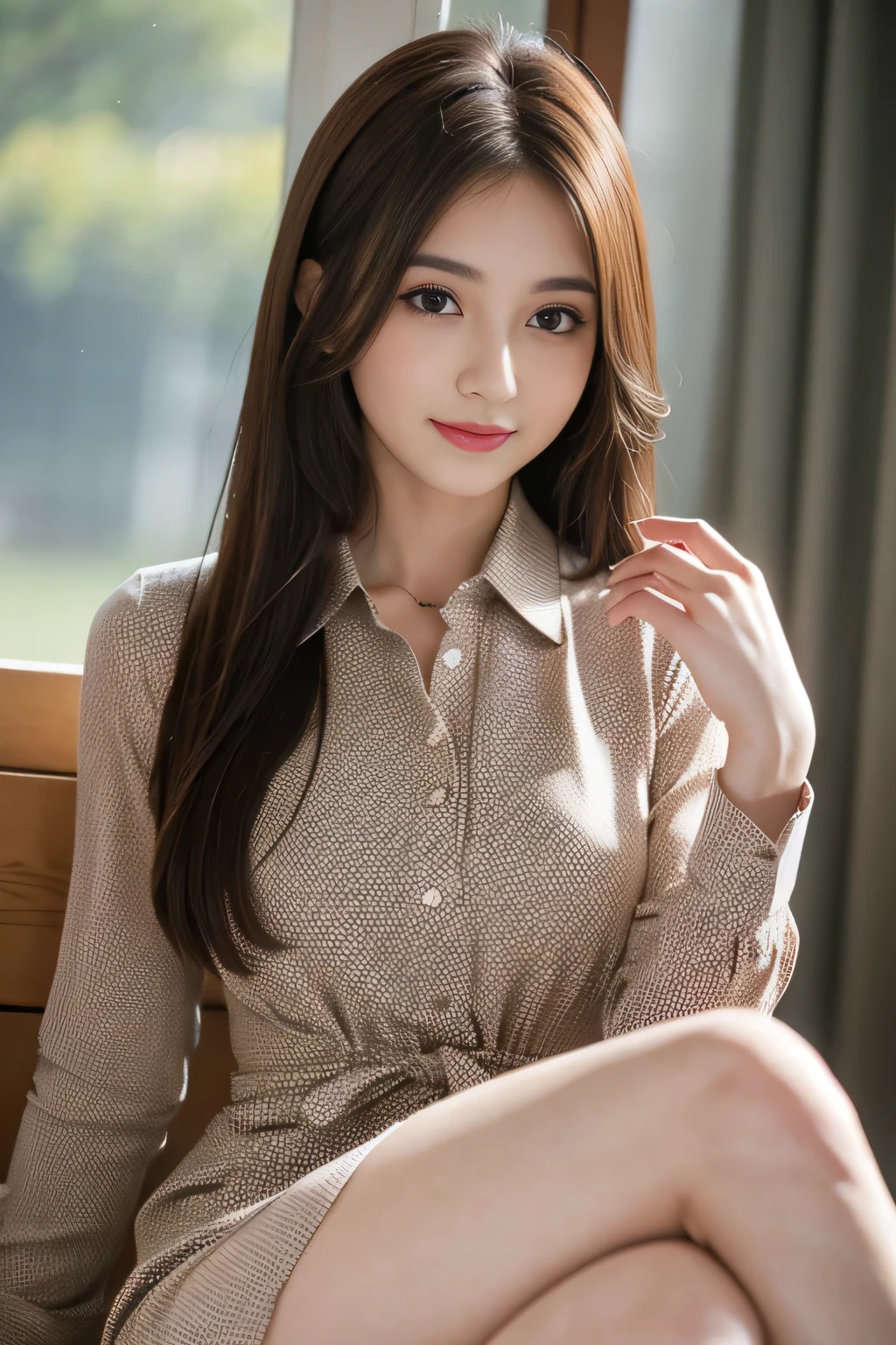 (RAW Photos), (Realistic), (masterpiece), (highest quality), High resolution, 8k, (Intricate details), (Volumetric Light), Portraiture, woman, Age 25, Medium Hair, Straight hair, Layered Hair, Brown Hair, Very beautiful eyes, Source order, Very thin eyebrows, Very fine skin, Very beautiful mouth, Very nice nose, Cute like an idol,smile,valley, (Looking at the audience), (Collared dress shirt), Above the knee shot,Slender figure、