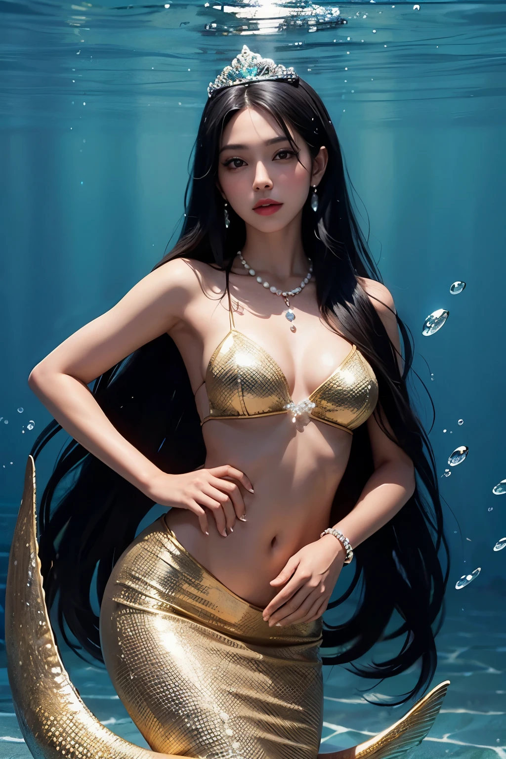 Mermaid,red fin,straight black hair,brown skin,Queen,Beautiful,Tiara,jewelry, pearl