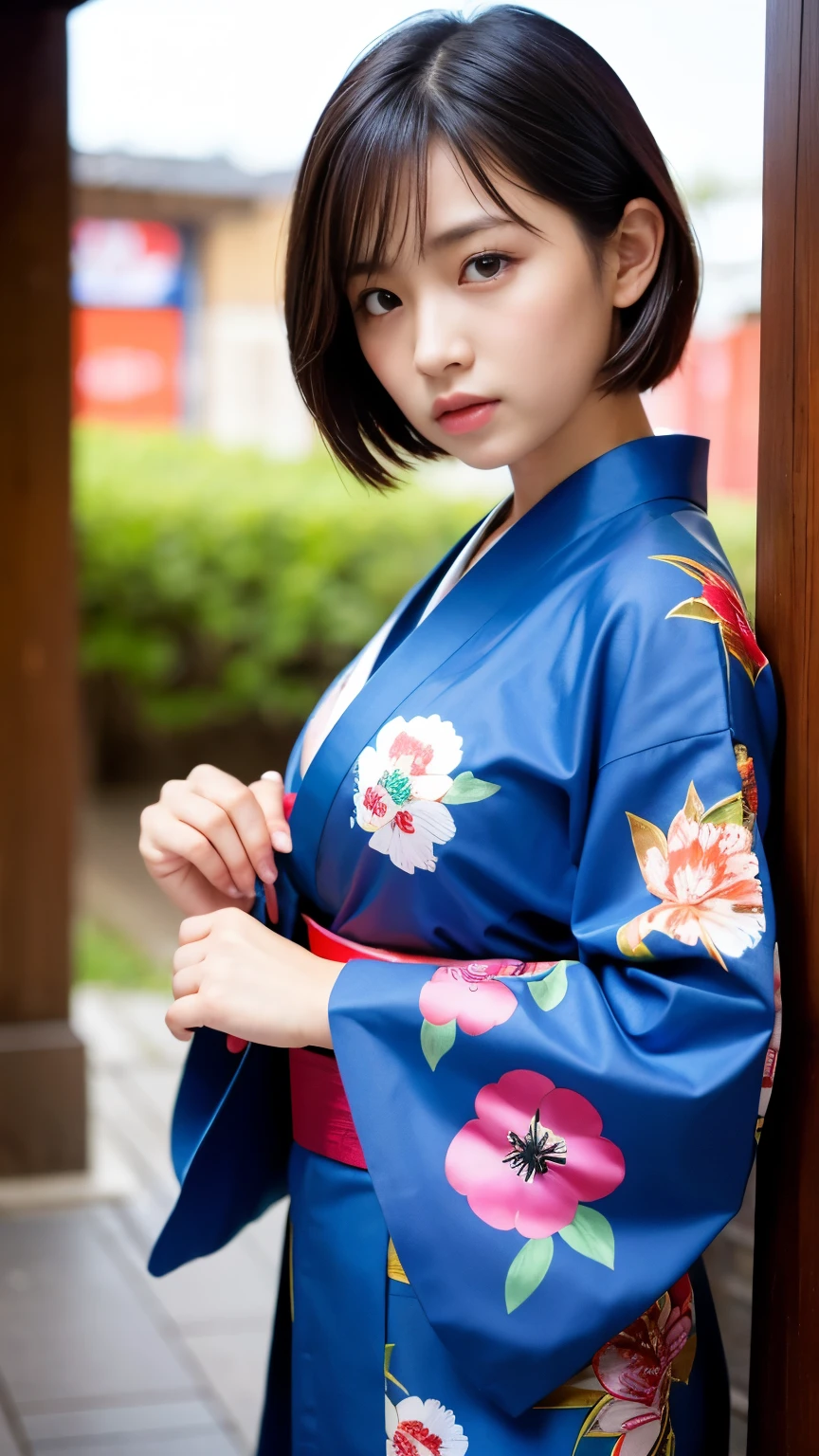 Best-quality, Masterpiece, Ultra-High-Resolution, (Photorealistic:1.4), Raw Photo, depth of field, professional lighting, perfect anatomy, extremely details, 1girl, Japanese idol, cowboy shot, wearing Japanese KIMONO, angry at her manager, holding Japanese KATANA, extremely cute face, extremely beautiful and extremely big eyes, extremely beautiful short-cut-haired, extremely beautiful skins, realistic skin texture, extremely beautiful long-eyelashes, extremely beautiful lips, childish-body, extremely beautiful thighs, looking at viewer, detailed Japanese-KIMONO, detailed Japanese-KATANA