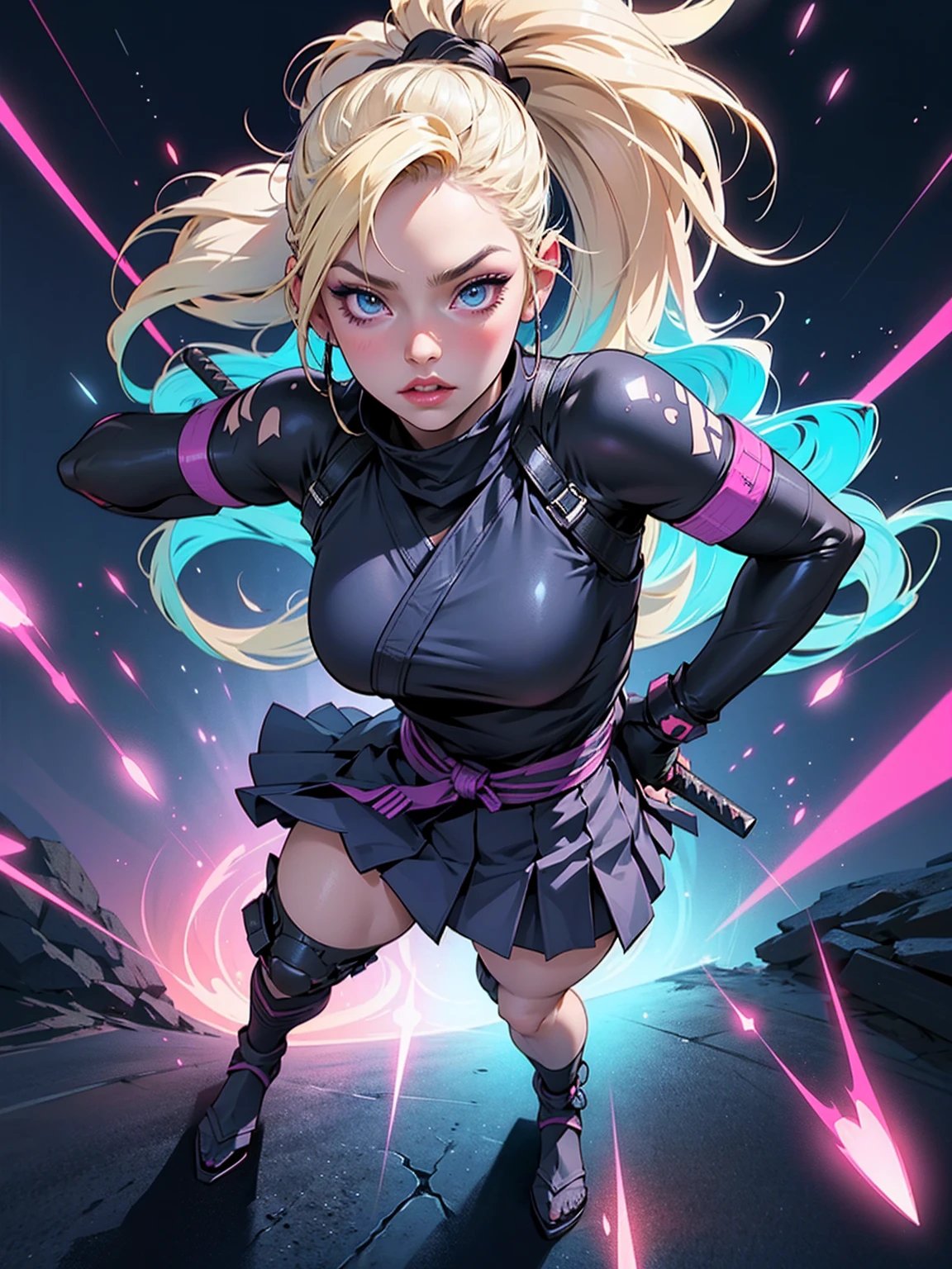 8k, ((Full Body Portrait)) ,masterpiece、Realistic:1.2, Realistic, Ultra-high resolution, ultra-quality, ultra-detailed, ultra-realistic, highest quality, (Solo, 1girl), (Masterpiece, Detailed, 4k), perfect face, perfect lips, perfect makeup, dark eyeshadow, Unreal Engine 5, (Full Body Portrait), absurd resolution, high resolution, sharp image, vibrant colors, Synthwave colors, Vaporwave colors, ((sexy Female Ninja)) with ((blonde hair, two ponytails in hair)), (pleated skirt), neon lights, night sky, neon city, katana, shuriken, kunai leg straps, sexy, beautiful, ninja Bracers, Long flowing scarf, ninja boots, katana in one hand, kunai in one hand, large shuriken in background, ninja face mask