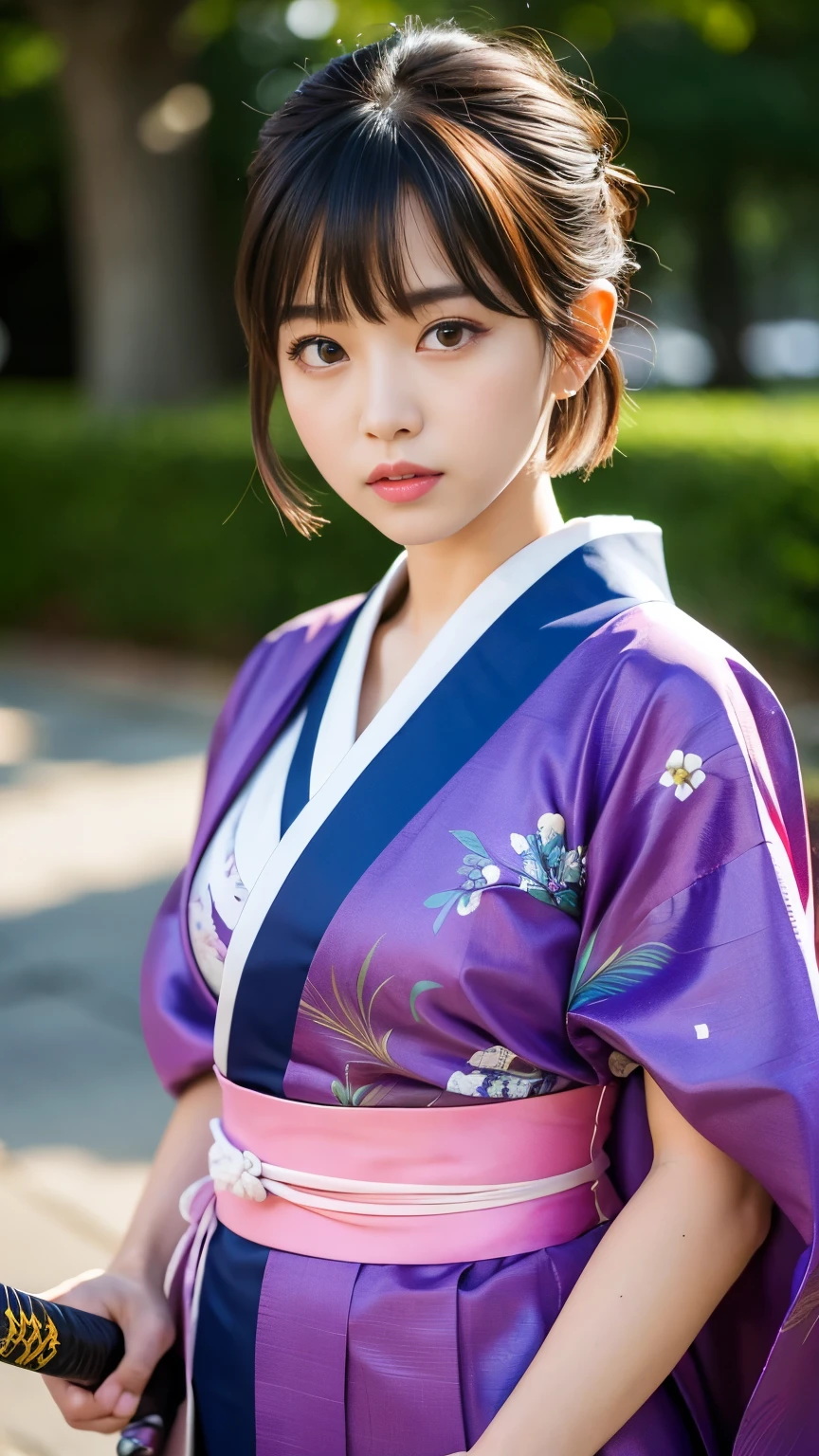 Best-quality, Masterpiece, Ultra-High-Resolution, (Photorealistic:1.4), Raw Photo, depth of field, professional lighting, perfect anatomy, extremely details, 1girl, Japanese idol, cowboy shot, wearing Japanese KIMONO, angry at her manager, holding Japanese KATANA, extremely cute face, extremely beautiful and extremely big eyes, extremely beautiful short-cut-haired, extremely beautiful skins, realistic skin texture, extremely beautiful long-eyelashes, extremely beautiful lips, childish-body, extremely beautiful thighs, looking at viewer, detailed Japanese-KIMONO, detailed Japanese-KATANA