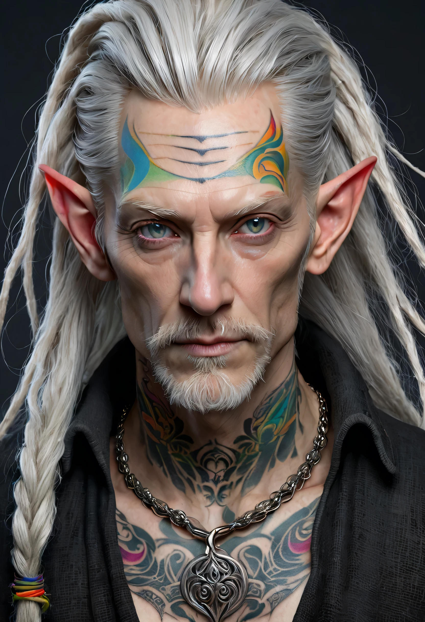 Male wood elf, elven, horror, (Artstation:1.1), (great eye detail:0.7), solo, masculine, skinny, looking at viewer, photorealistic, 8k, highly detailed, ((40 years old, ashen albino skin, long gray hair ponytail, iron eyes, (upset, rough black burlap robe, rope belt, (((baleful, colorful tattoo:1.7)))), inspired Bram Stoker))