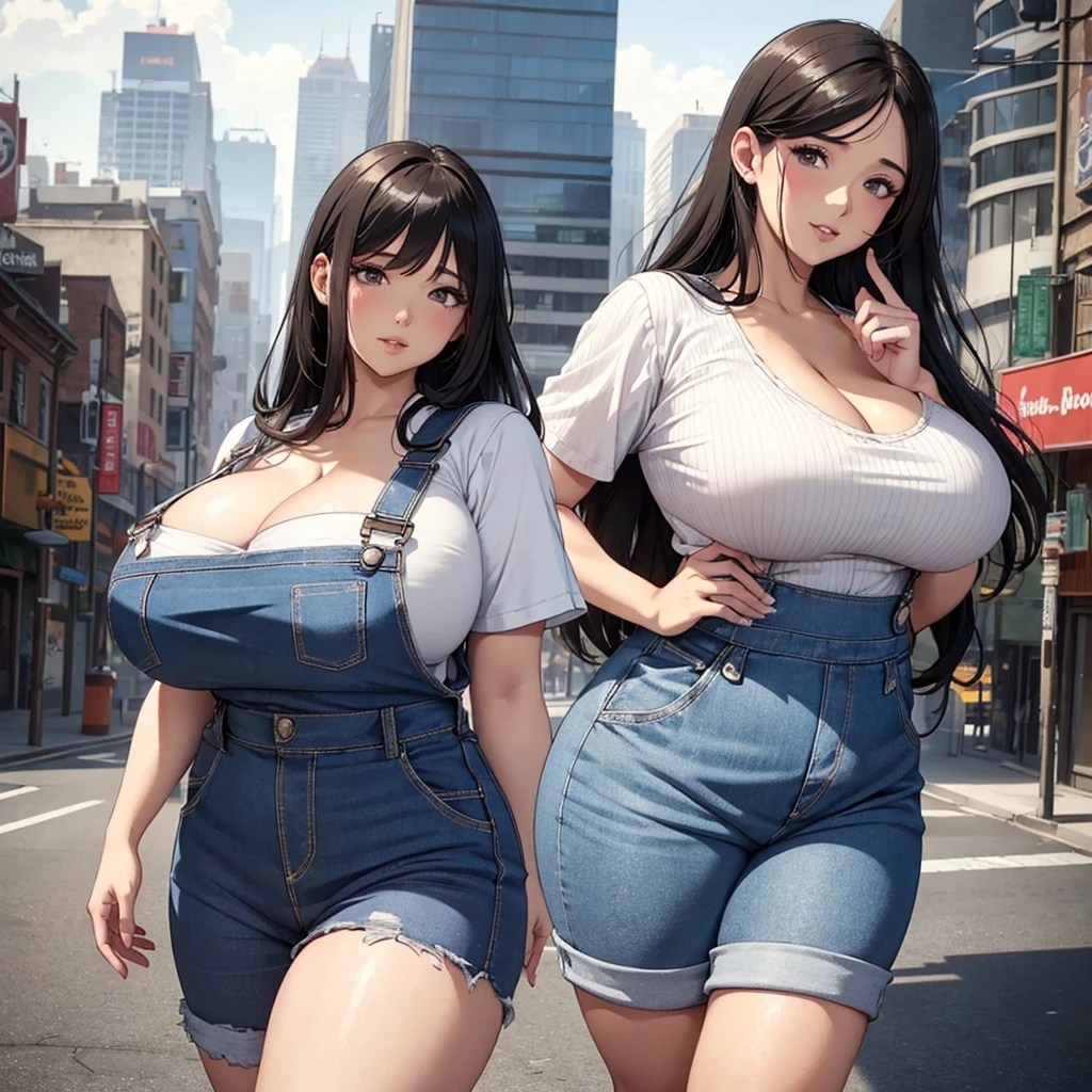 girl with shirt, overalls skirt, massive long wide fat breasts, deep cleavage, cityscape, flirtatious look, ((very detailed)), (perfectly detailed face), (well detailed hand) photorealistic image, plump chubby belly, very wide hips, thick plump thighs, massive plump fat wide round ass, mature mother, plump motherly body, plus size model,