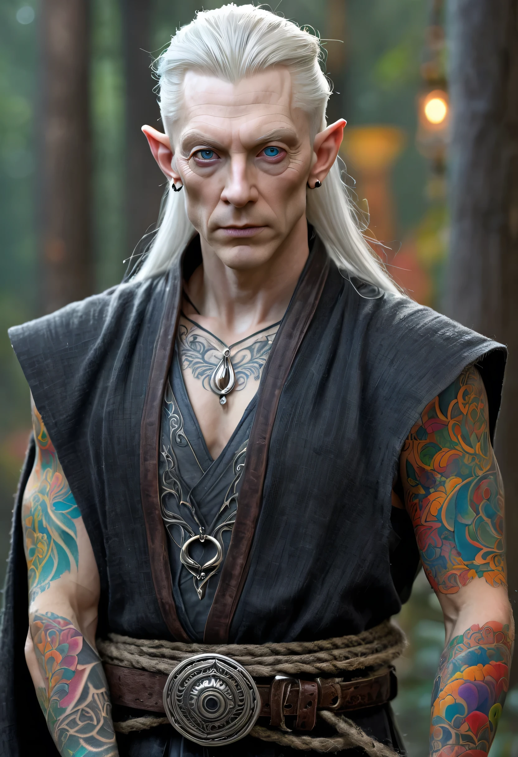 Male wood elf, elven, horror, (Artstation:1.1), (great eye detail:0.7), solo, masculine, skinny, looking at viewer, photorealistic, 8k, highly detailed, ((40 years old, ashen albino skin, long gray hair ponytail, iron eyes, (upset, rough black burlap robe, rope belt, (((baleful, colorful tattoo:1.7)))), inspired Bram Stoker))