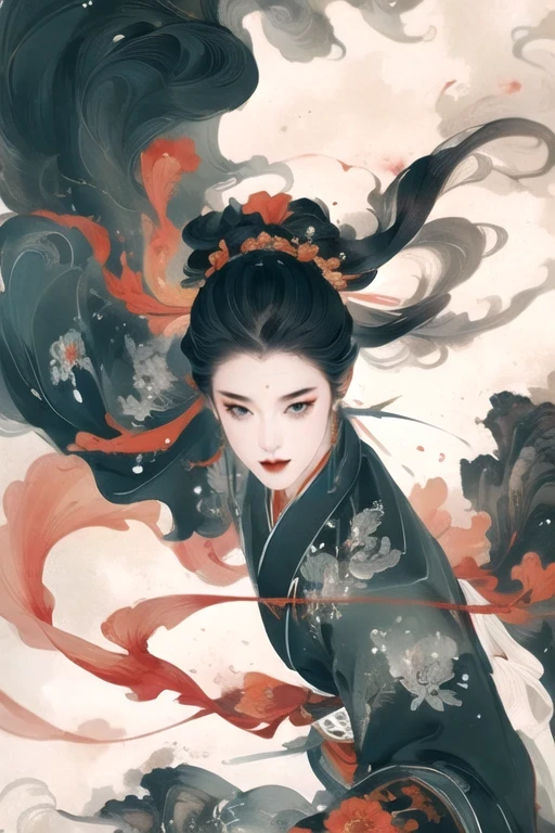 Chinese black and white ink painting,Female swordsman,heroic figure,Traditional Clothing,Delicate and sharp sword, Sharp eyes and focused expression, Dynamic poses, Dramatic Lighting, Vibrant colors, High contrast, Epic landscape background, Hazy atmosphere, Full of action, Dynamic brushwork, Ultra-high resolution, Fine details, professional quality.