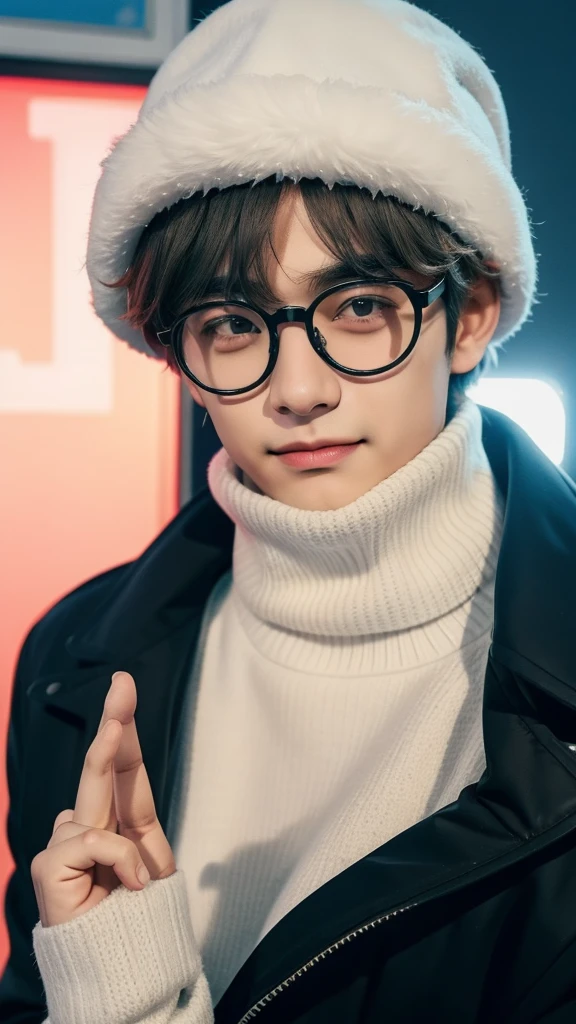 Taehyung, lentes, invierno y sonriente