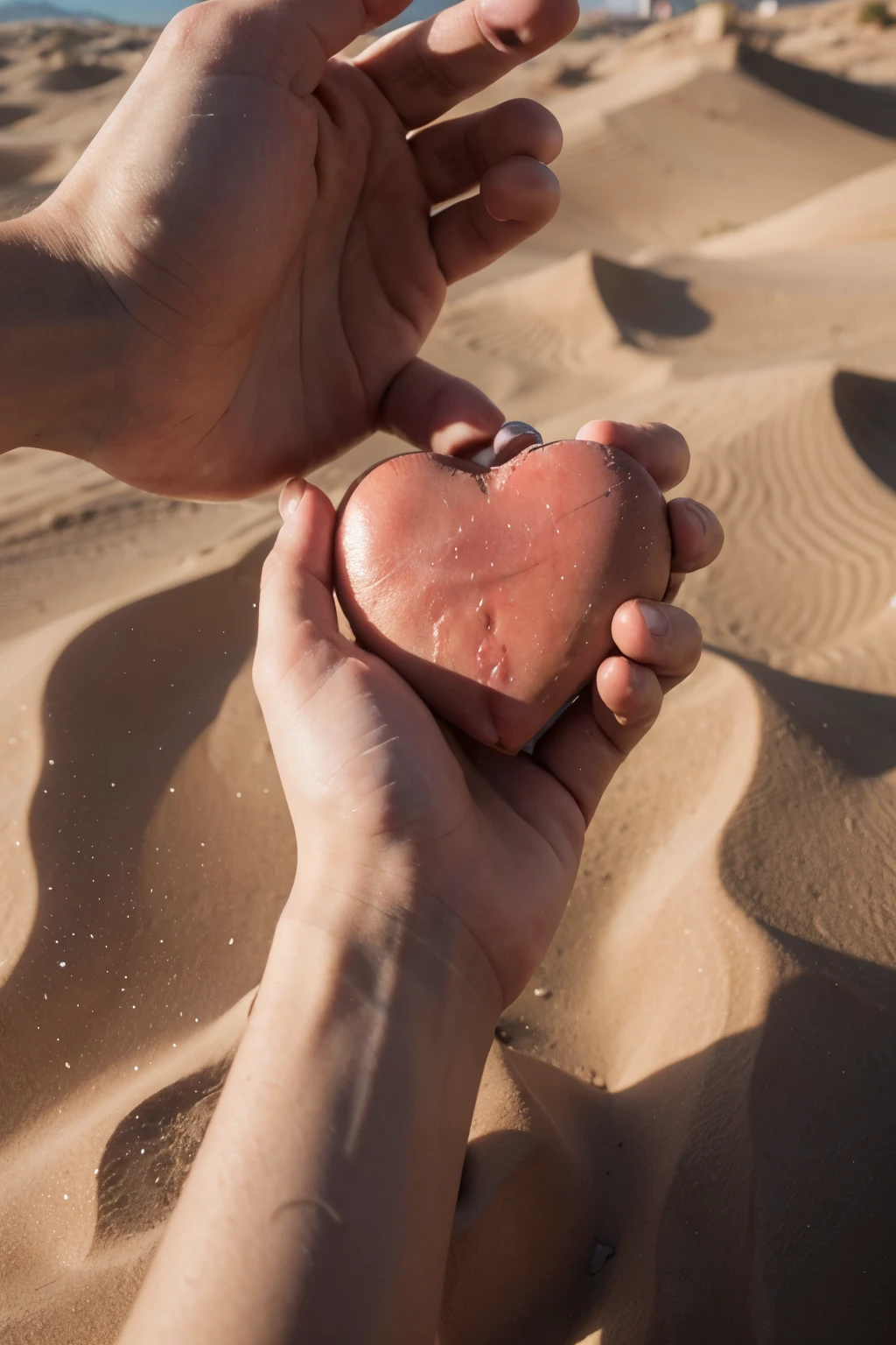 an image of a human hand holding a human heart that seems to be beating, it's slipping through the fingers and turning into sand